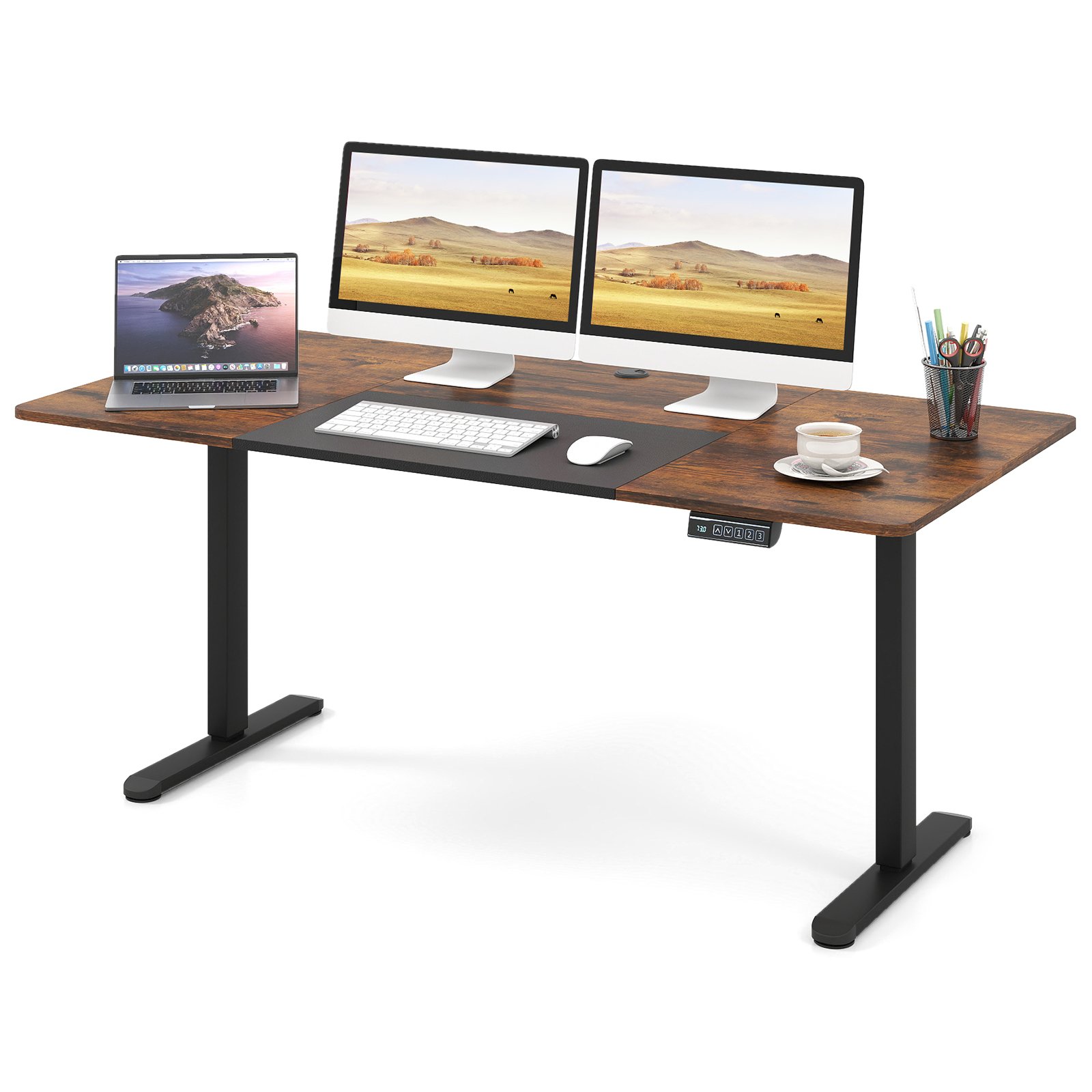 Ergonoomiline elektriline reguleeritava kõrgusega arvutilaud ja püstijalalaud (140 x 70 cm), pruun