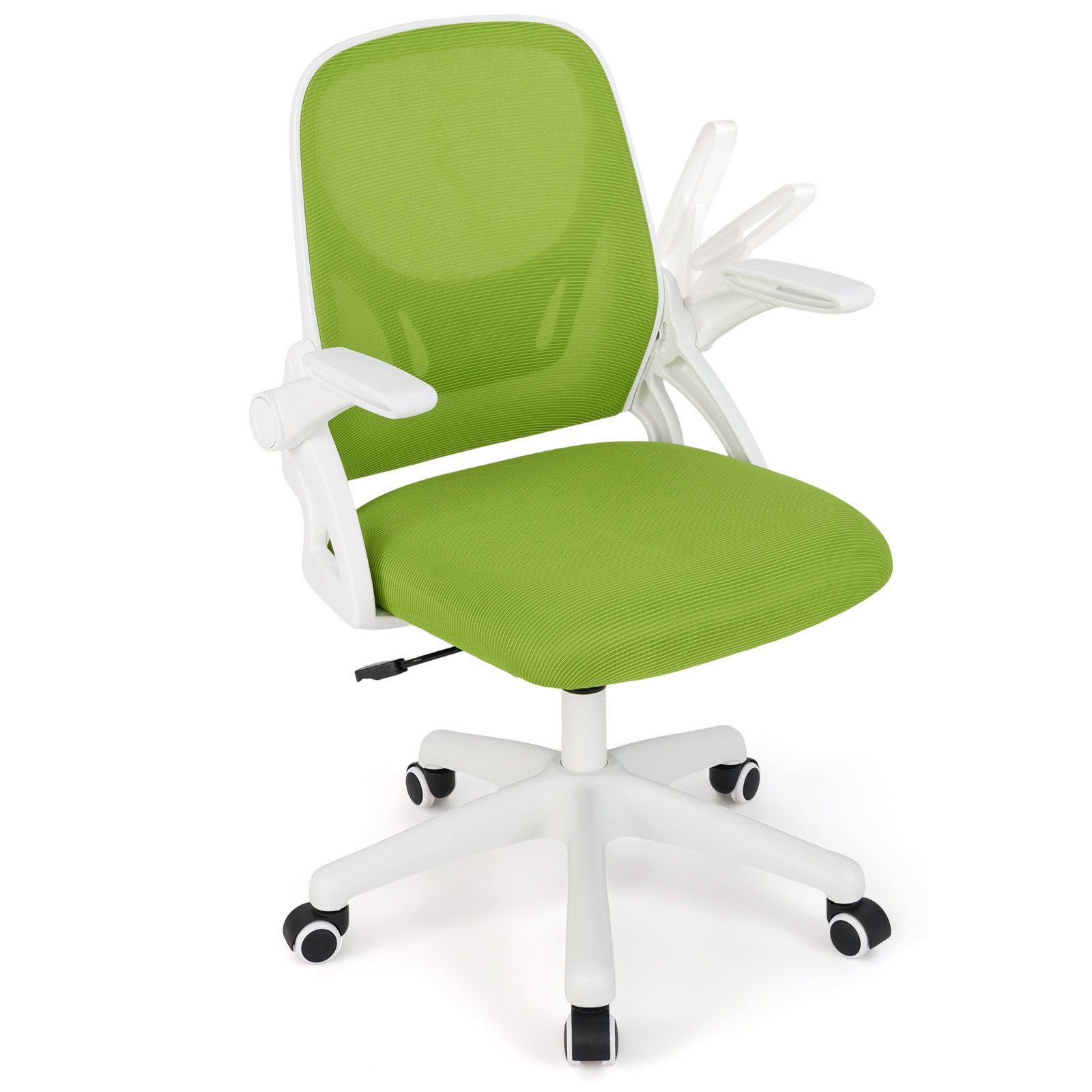 Ergonomisks biroja krēsls ar nolokāmiem roku balstiem un šūpošanās funkciju. Rakstāmgalda krēsls zaļā krāsā.