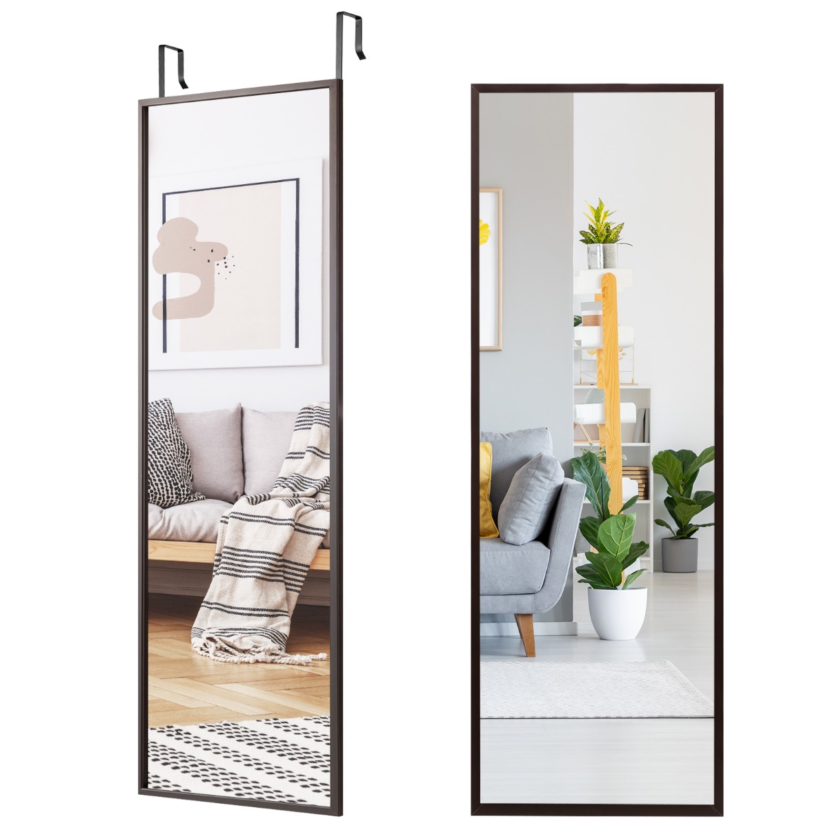 Täispikkuses seinapeegel reguleeritava kõrgusega riputuskonksudega (36,5 x 1,5 x 107 cm), pruun