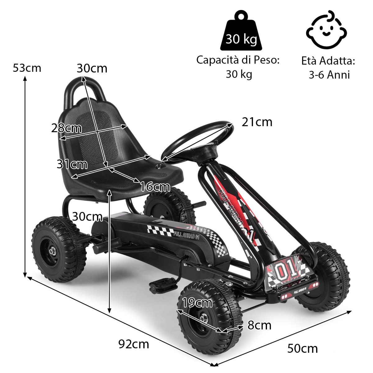 Rotaļu kartings ar regulējamu sēdekli un stabilu rokas bremzi, izturīgs pedāļu kartings bērniem, melns