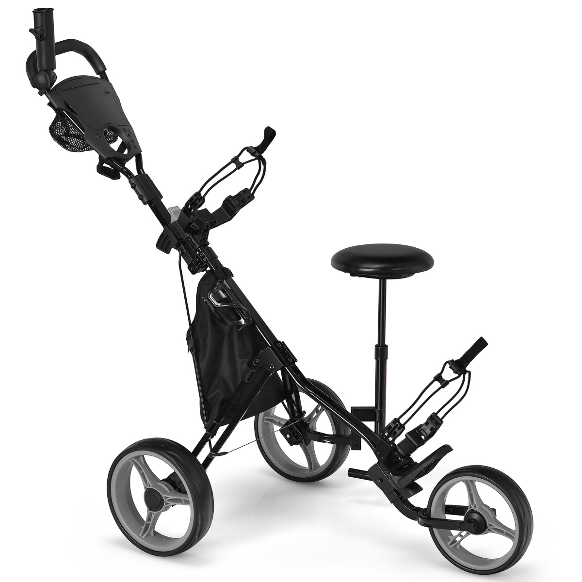 Alumiiniumist kolmerattaline kokkupandav golfikäru koos vihmavarjuhoidja, mugava istme ja caddy-kotiga, hall