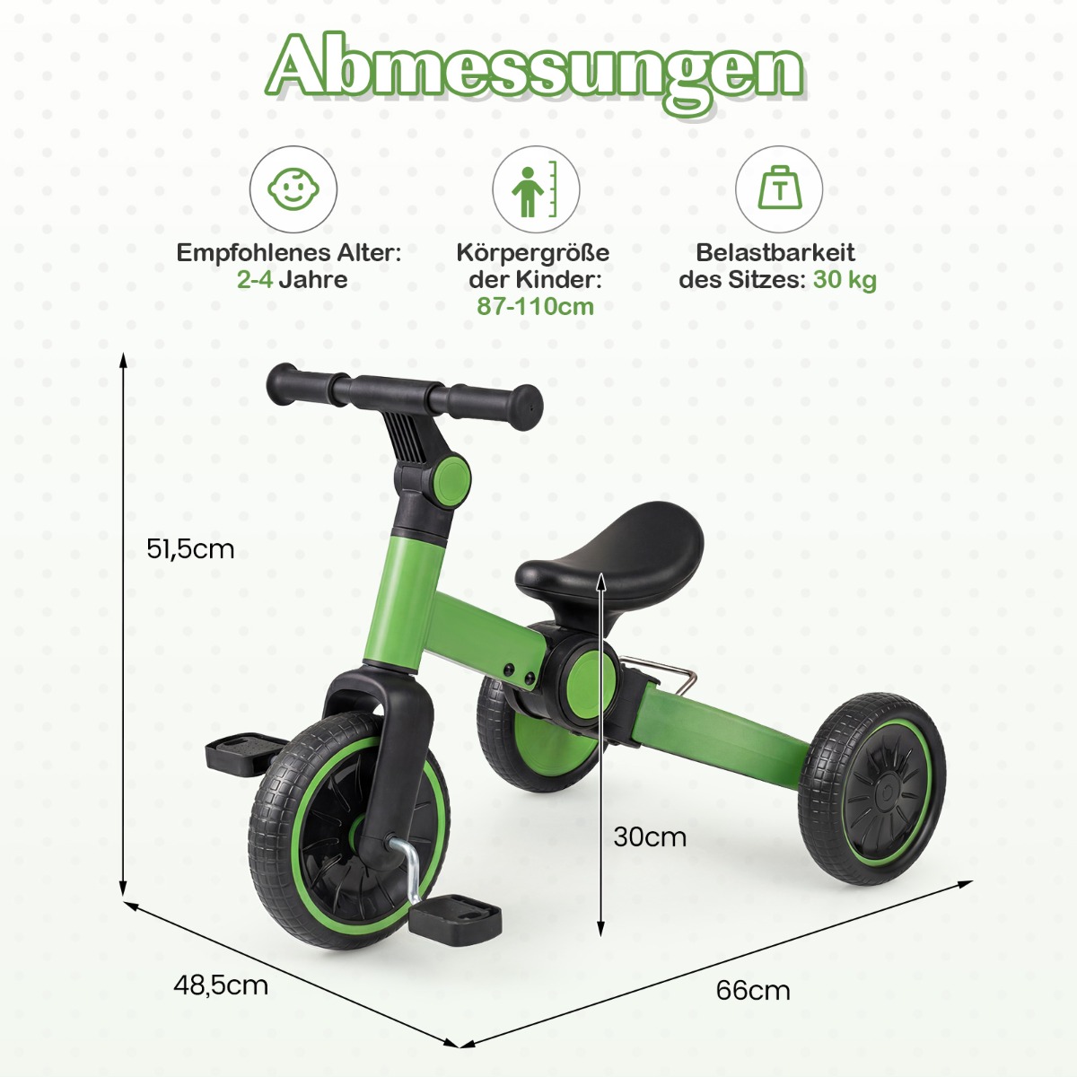 5-vienā bērnu līdzsvara velosipēds ar noņemamiem pedāļiem - zaļš