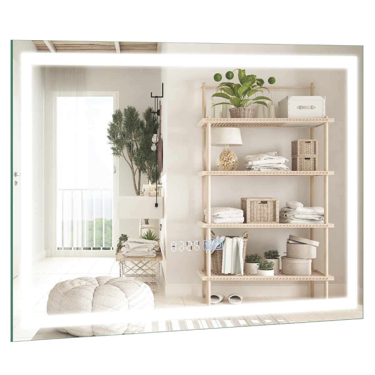Uduvastase soojenduse, kella, puutelüliti ja mälufunktsiooniga hämardatav LED-vannitoapeegel (60 x 40 cm, 3000K-6000K), hõbedane
