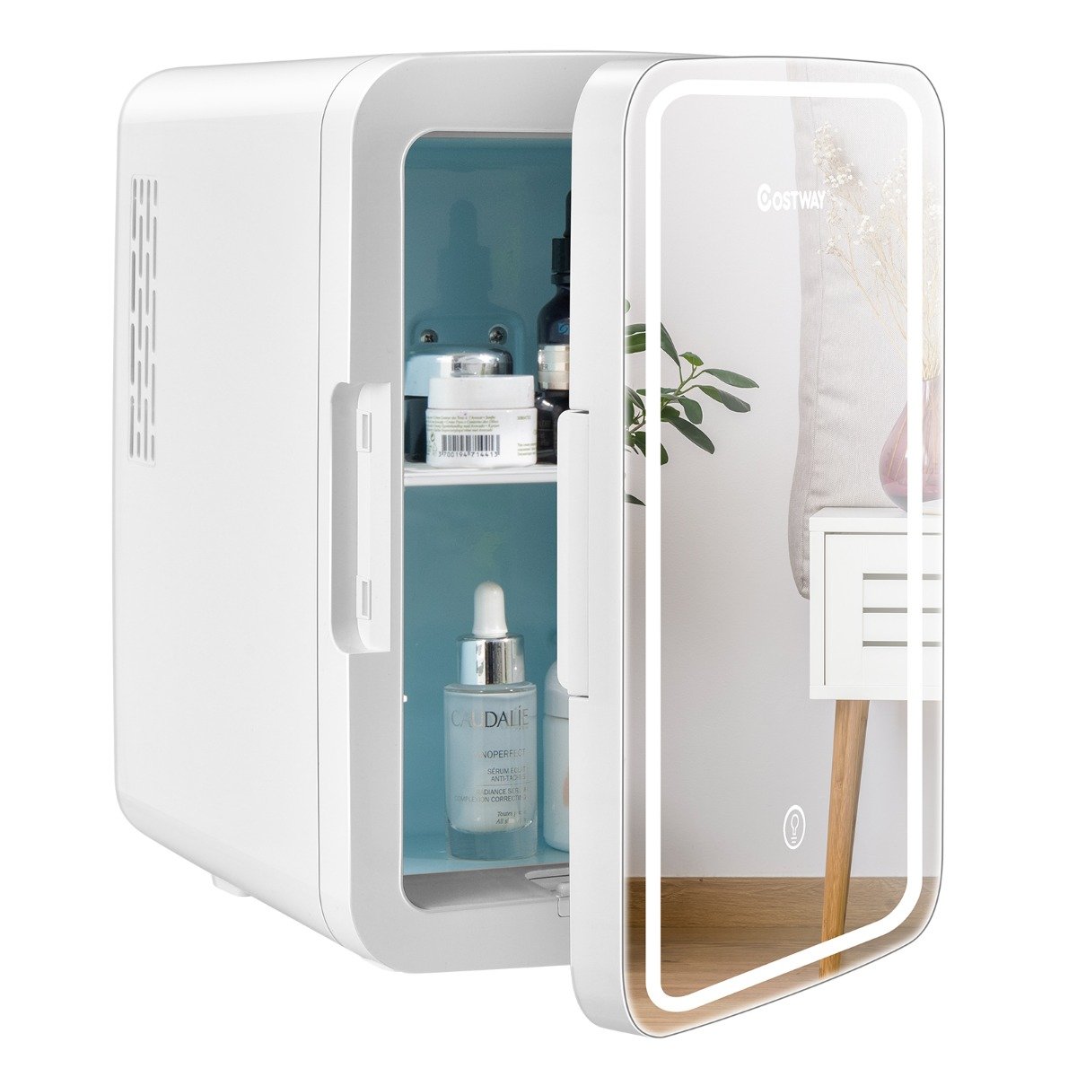 Mini ledusskapis 10 L pārnēsājams ledusskapis ar LED spoguli 23 x 28 x 34 cm balts