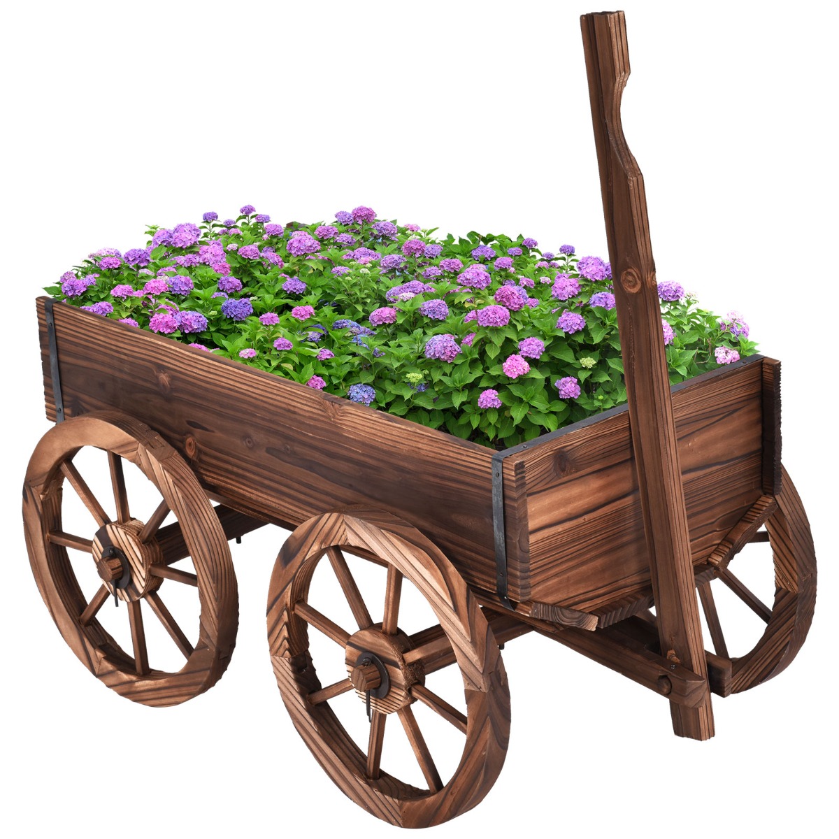 Dārza rati ar dekoratīviem koka riteņiem un četru riteņu augu ratiņi (120 x 43 x 53,5 cm), brūni