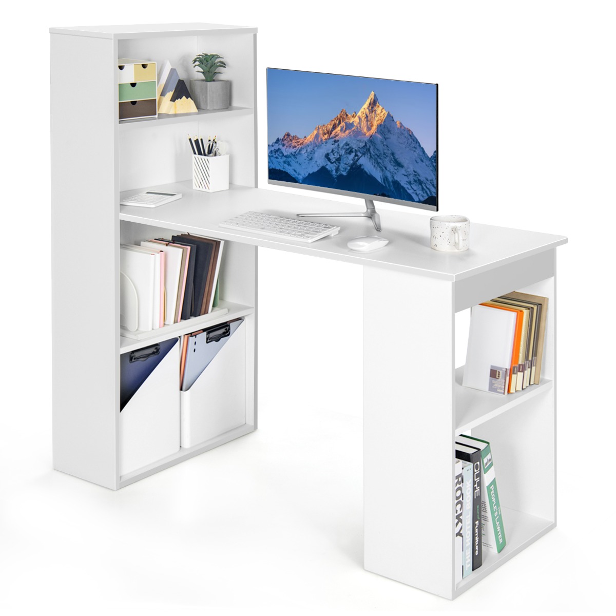 Datorgalds, rakstāmgalds, birojs ar 6 līmeņu plauktiem, balts