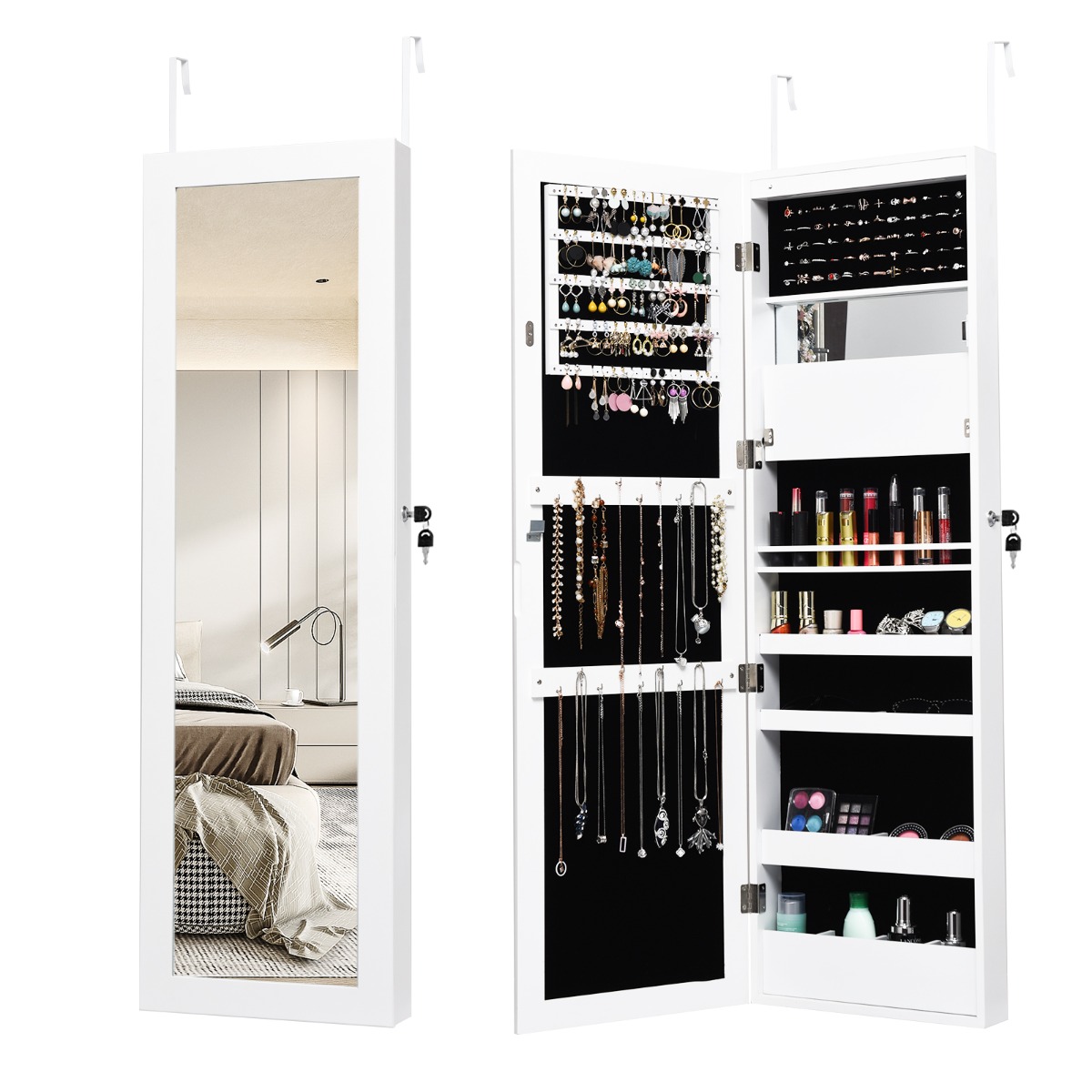 120 cm pilna garuma slēdzams spoguļa rotaslietu skapis ar 15 LED gaismām - balts