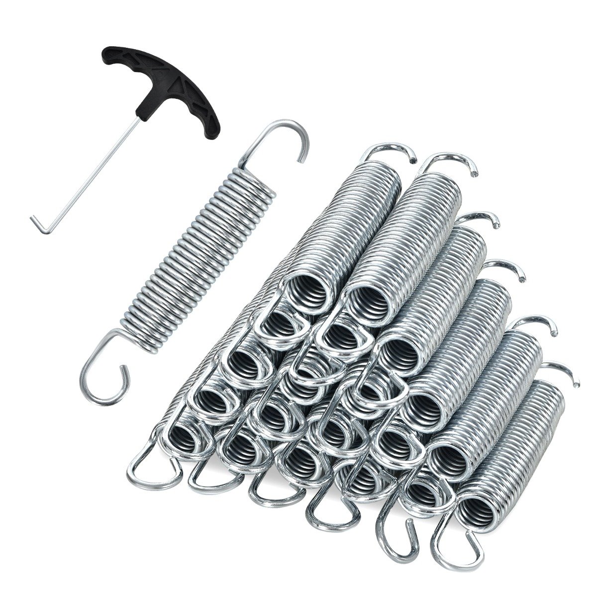Cinkota tērauda izturīgas batuta atsperes ar T veida spriegošanas instrumentu (20 gab. iepakojumā, garums 14 cm)