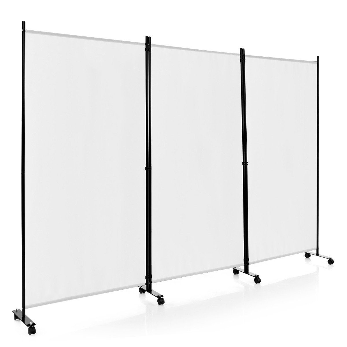 Ratastel kokkupandav sirm, 3 vabalt kombineeritava paneeliga mobiilne ruumijagaja (kõrgus 180 cm), valge