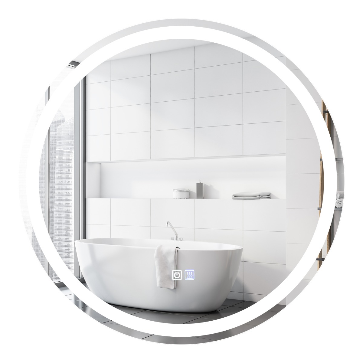 Ümmargune LED-valgustusega vannitoa seinapeegel (reguleeritav soe/külm valgus 3000K-6000K, ø 60 cm), hõbedane
