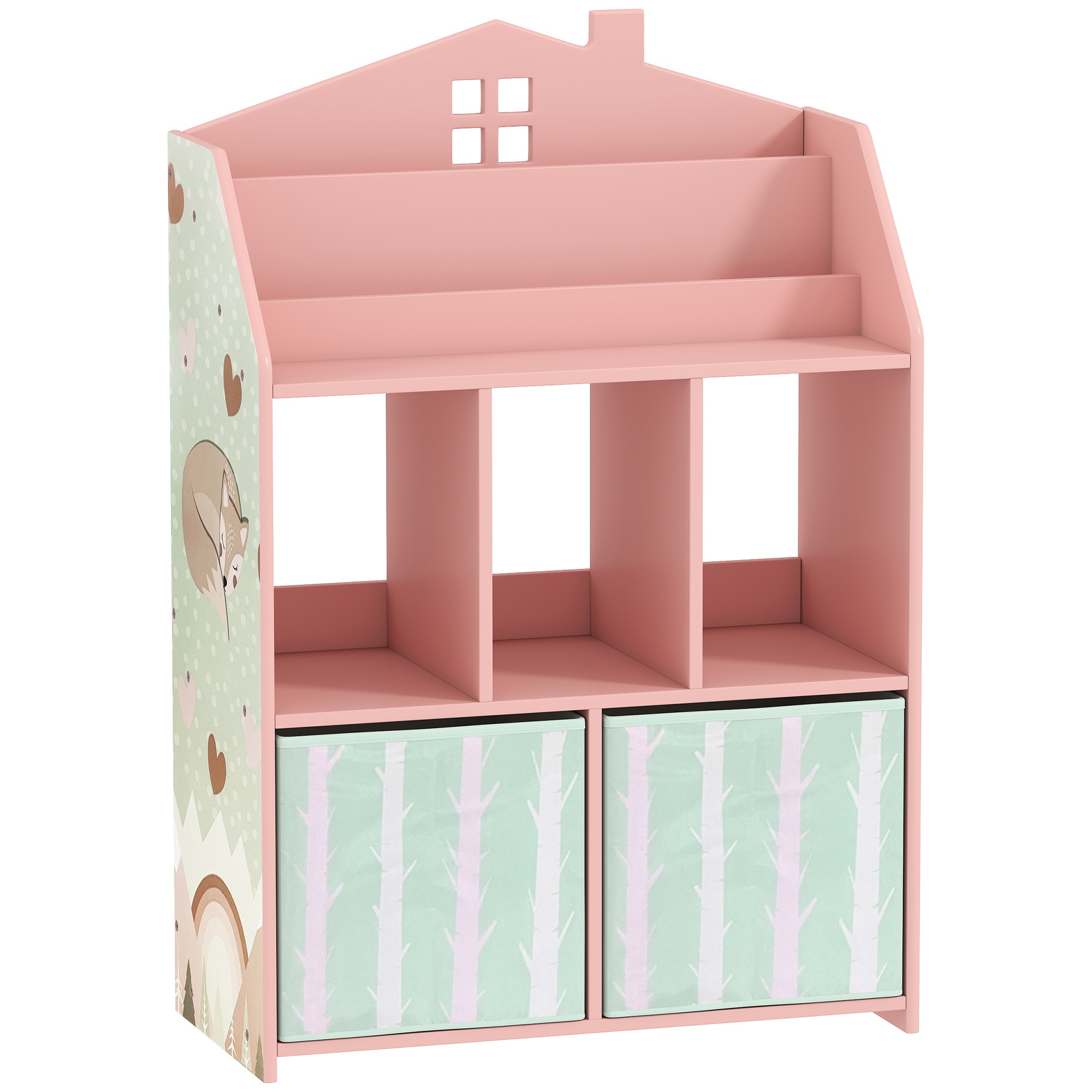 Bērnu grāmatu plaukts ar 2 auduma atvilktnēm, atvērts plaukts, 3-8 gadu vecumam, 62,5x30x91,5 cm, rozā