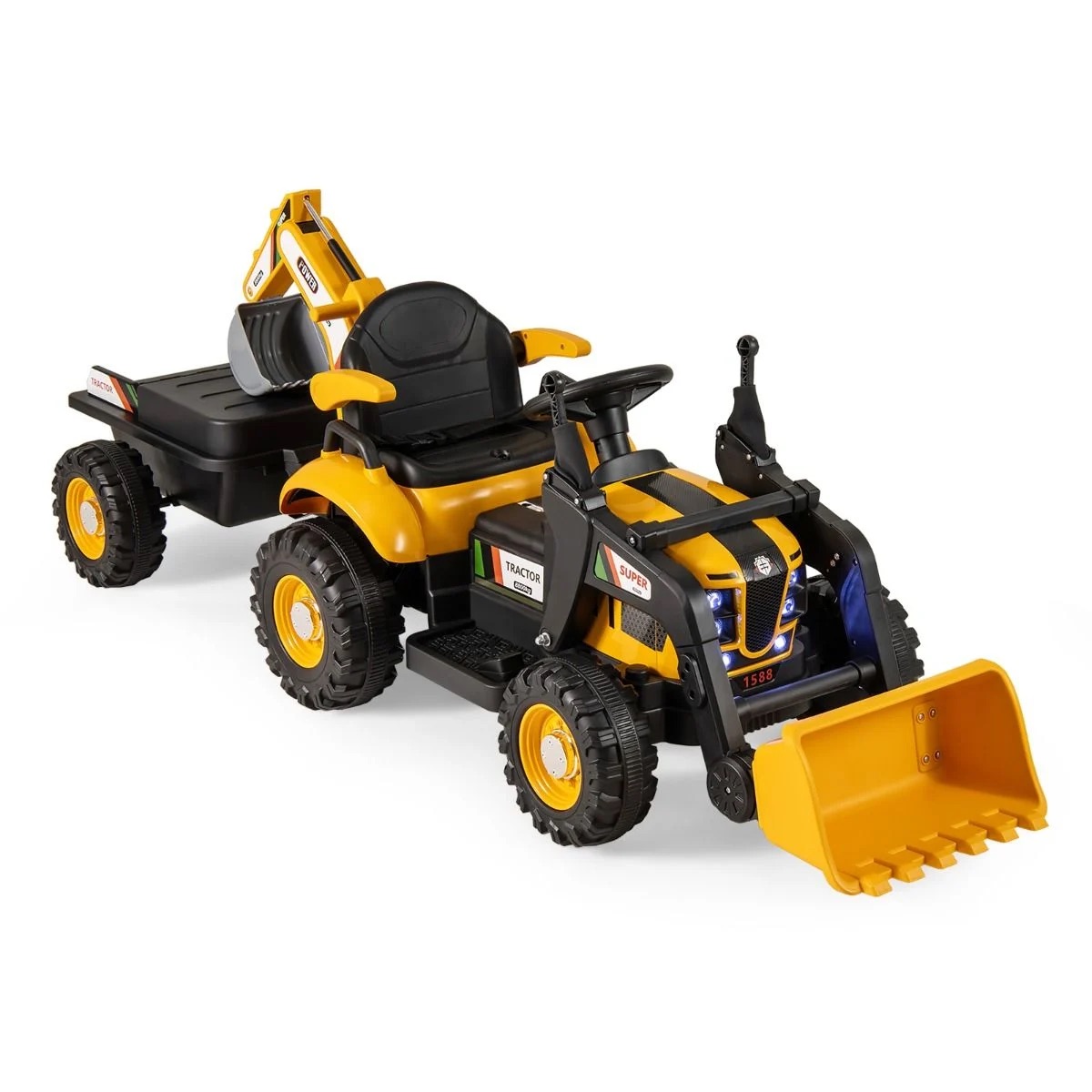 Elektriskais traktors ar piekabi, lāpstu un tālvadības pulti, 12 V, braucams traktora sēdeklis, ekskavators, dzeltens