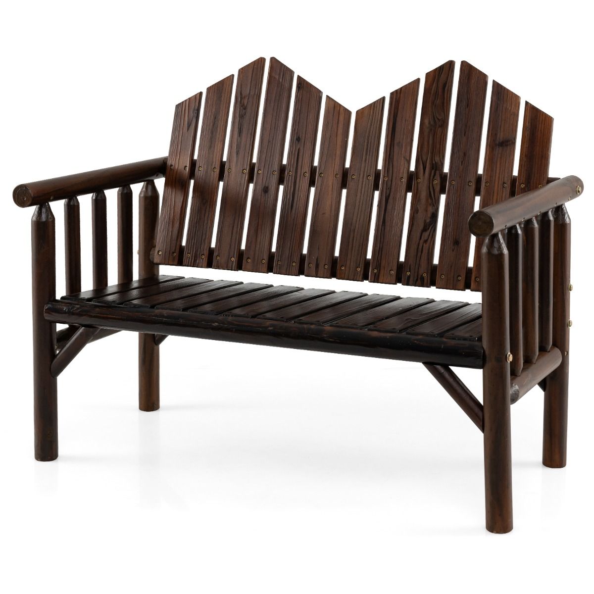 Mugava kallutatud seljatoe ja liistudest istmeosaga kaheistmeline täispuidust aiapink ning klassikaline loveseat, pruun