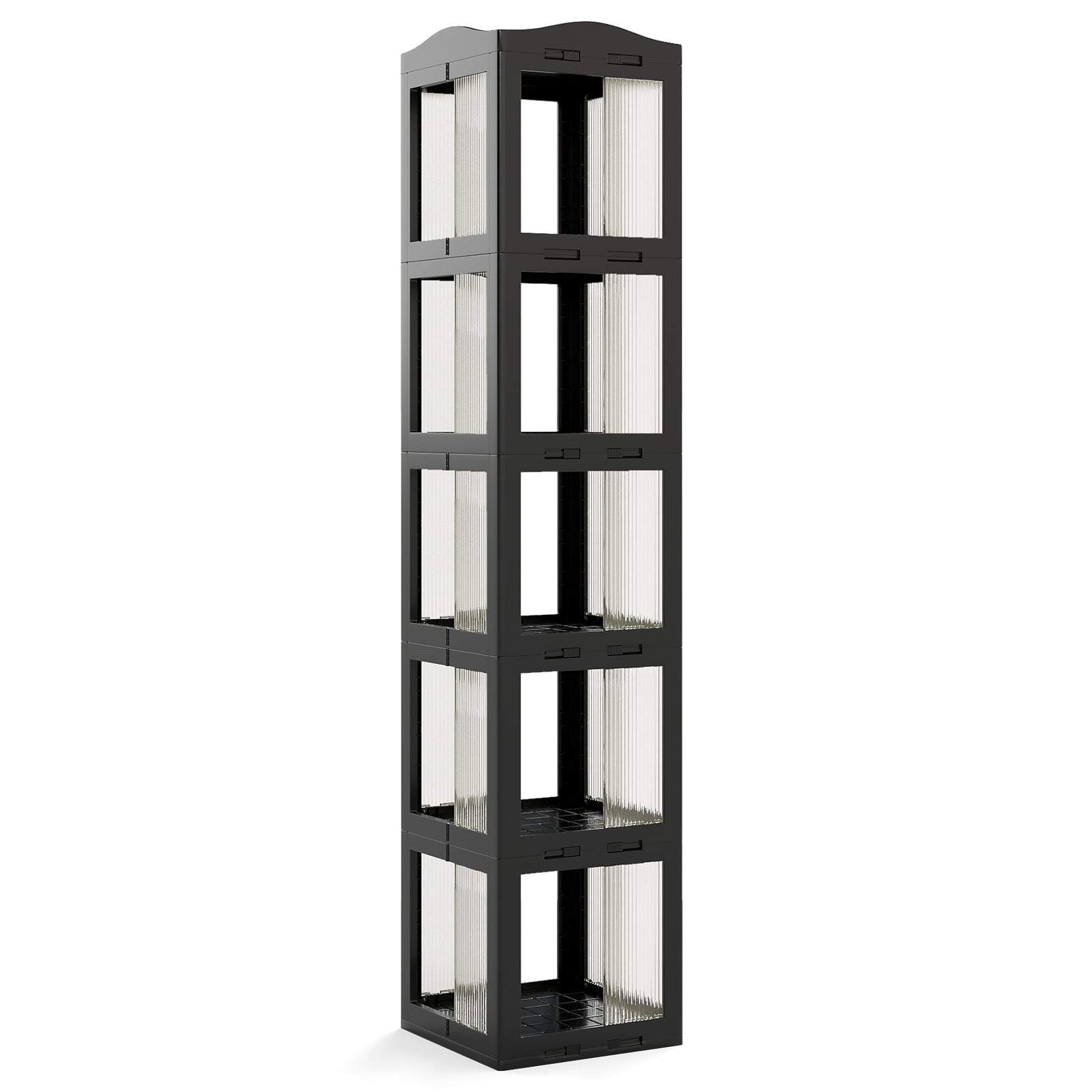 360° pööratav ja kokkupandav läbipaistvate vaheseintega puidust raamaturiiul, kaasaegne kõrge põrandariiul (36,5 x 36 x 174 cm), must