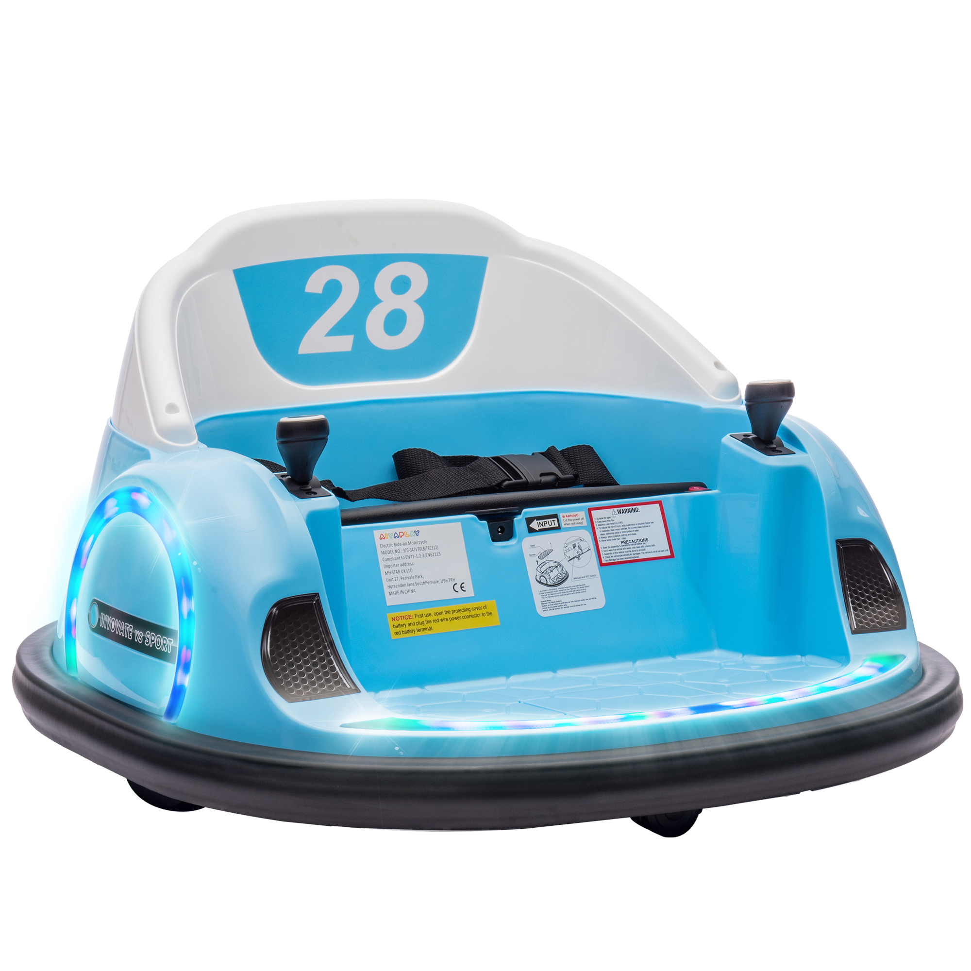 Bufermašīnas, 360° rotācija, 2 km/h ātrums, drošības josta, LED gaismas, mūzika un taure, zilas
