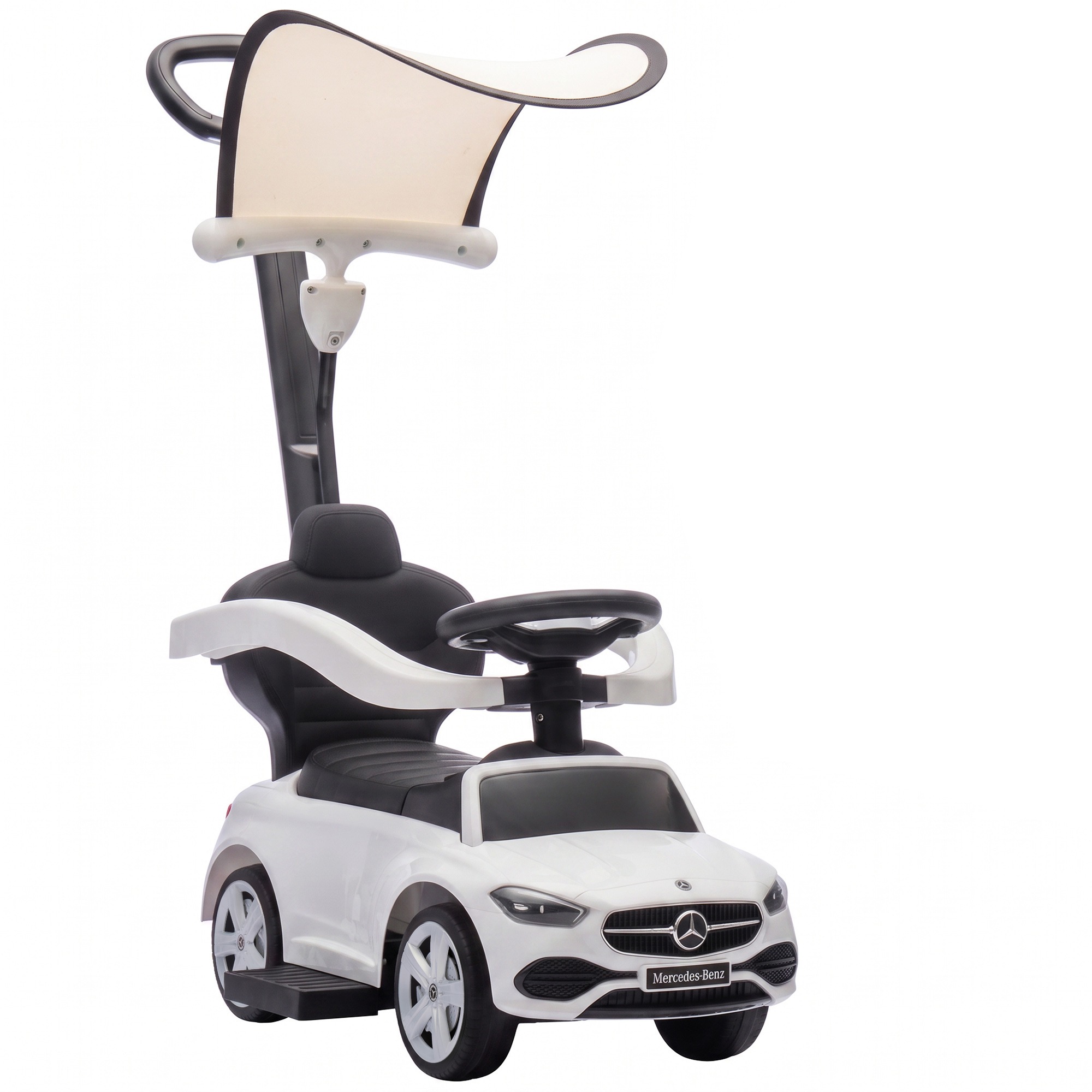 3-vienā braucamā automašīna ar stumšanas stieni, Mercedes-Benz braucamā automašīna ar stūri, skaņas signālu, mūziku, jumtu, sēdekļa nodalījumu, baltu