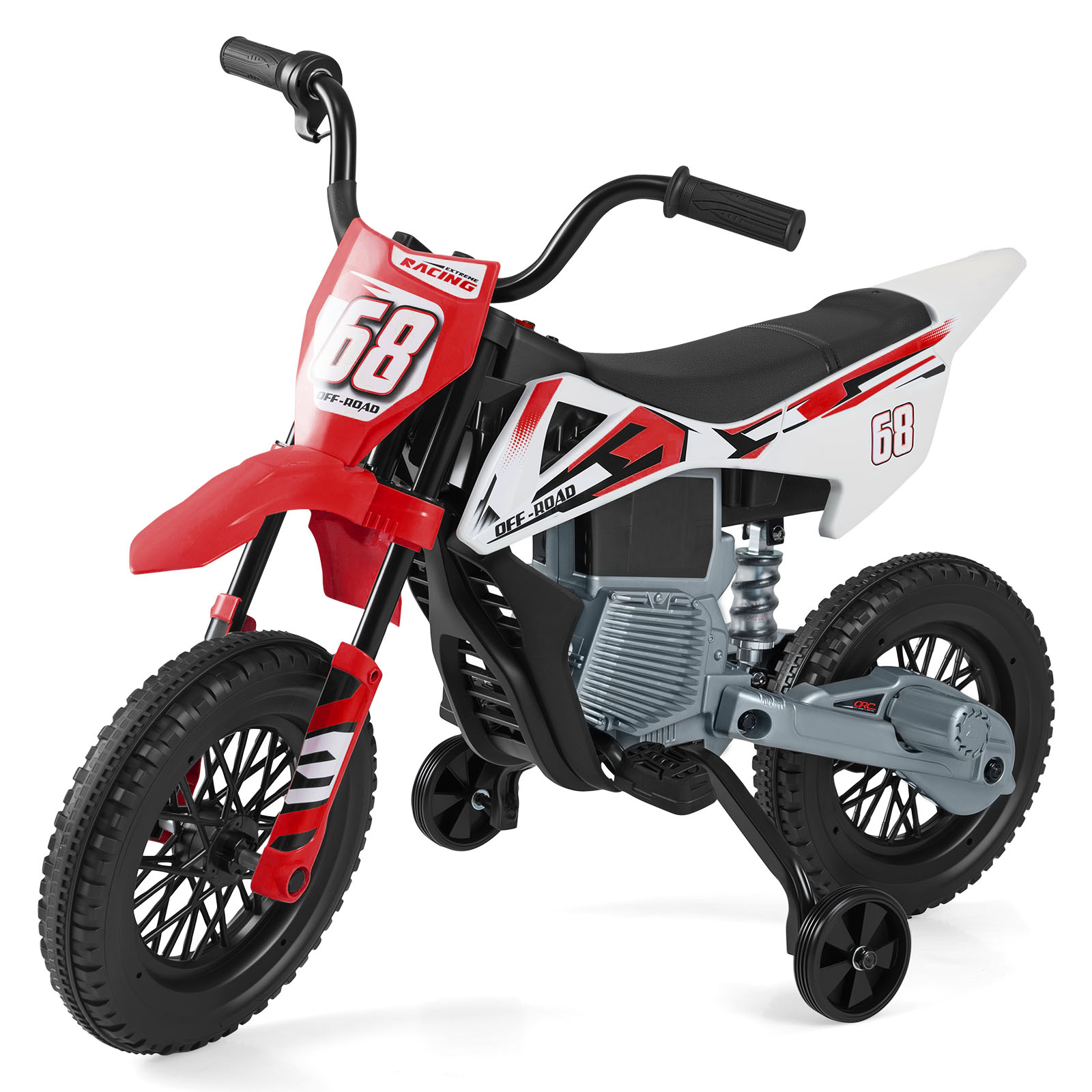 12 V elektriskais bērnu motocikls, elektriskais motocikls bērniem ar noņemamiem treniņriteņiem un piekari, elektriskais motocikls, sarkans