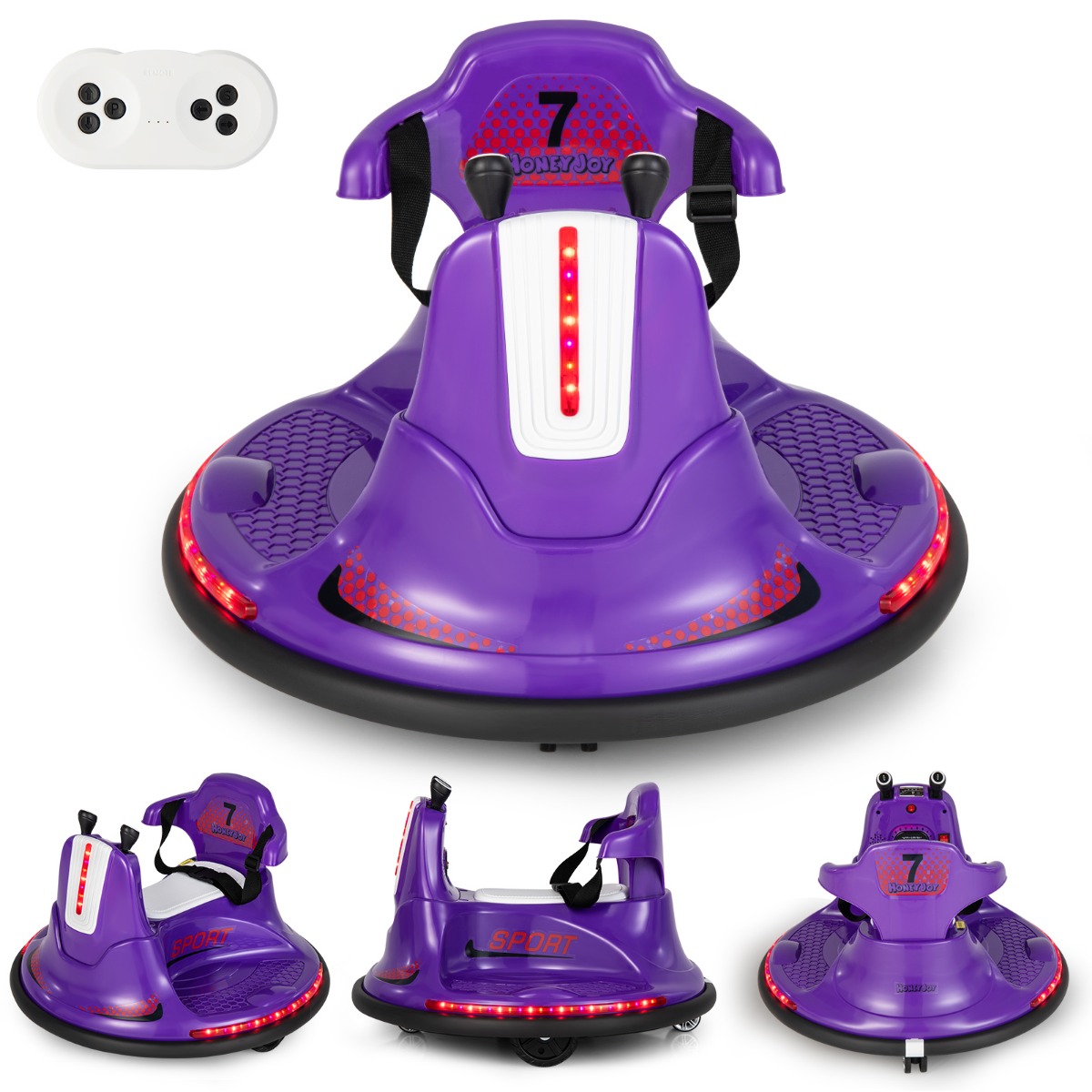6V bērnu bufera automašīna ar 360 grādu rotāciju, mūziku un krāsainām LED gaismām, violeta