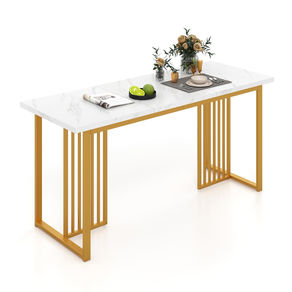 Marmorimitatsiooniga suure lauaplaadiga kaasaegne söögilaud 6–8 inimesele (160 x 60 cm), valge