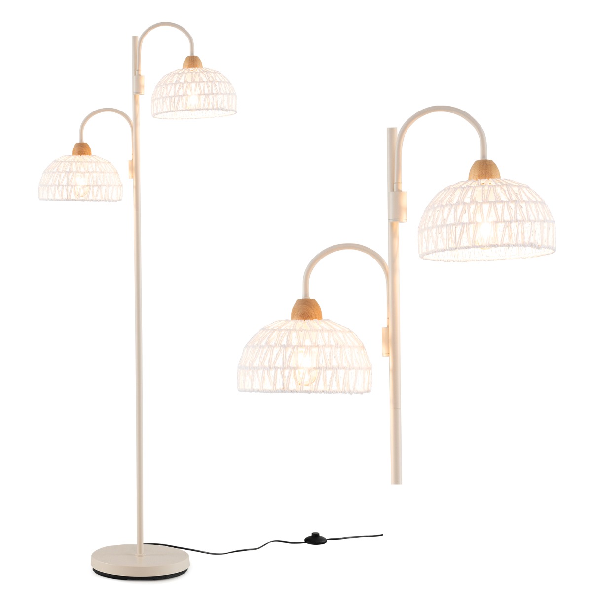 2 lampu stāvlampa, 350° grozāma, koka lampa ar kājas slēdzi, pīti abažūri un 2 E27 spuldžu pamatnēm, bieza pamatne, balta