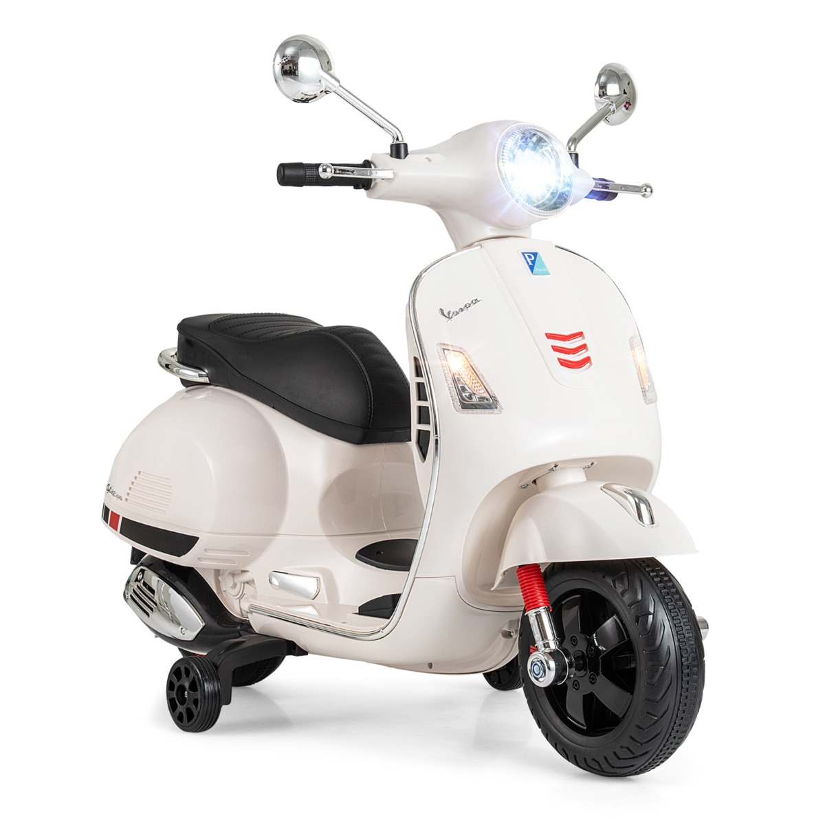 Licencēts 12 V Vespa elektriskais motocikls bērniem, 4 riteņu motocikls ar mūziku, taures signālu, stāstiem un treniņriteņiem 3–6 gadu vecumam, balts