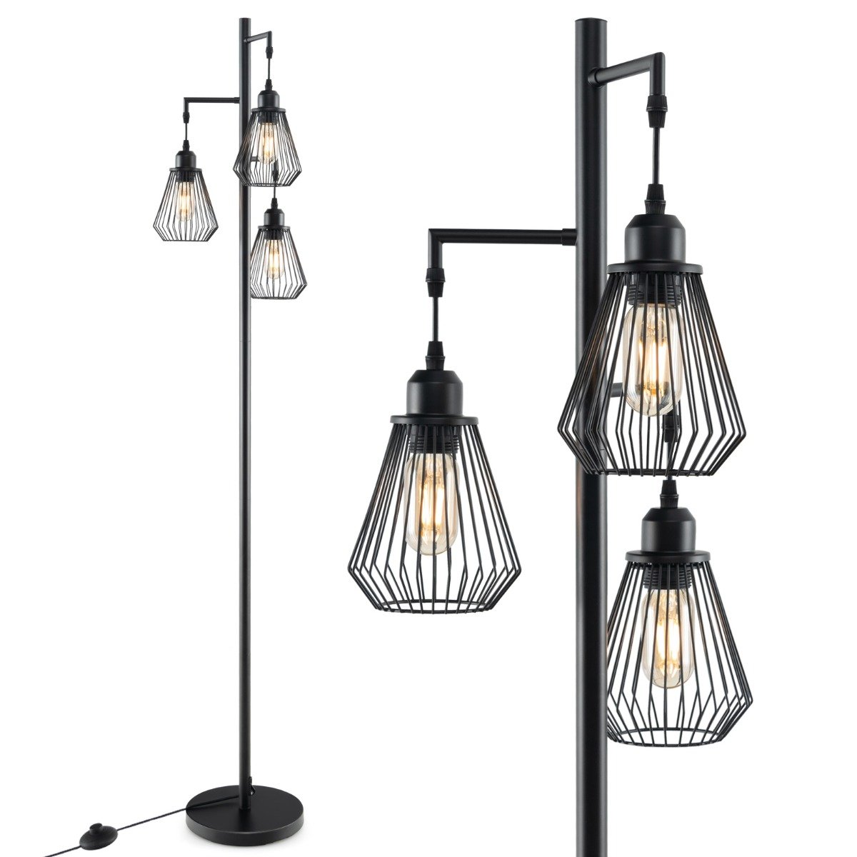 Moderna stāvlampa 169 cm industriālā stāvlampa ar 3 abažūriem 25 x 168 cm melna