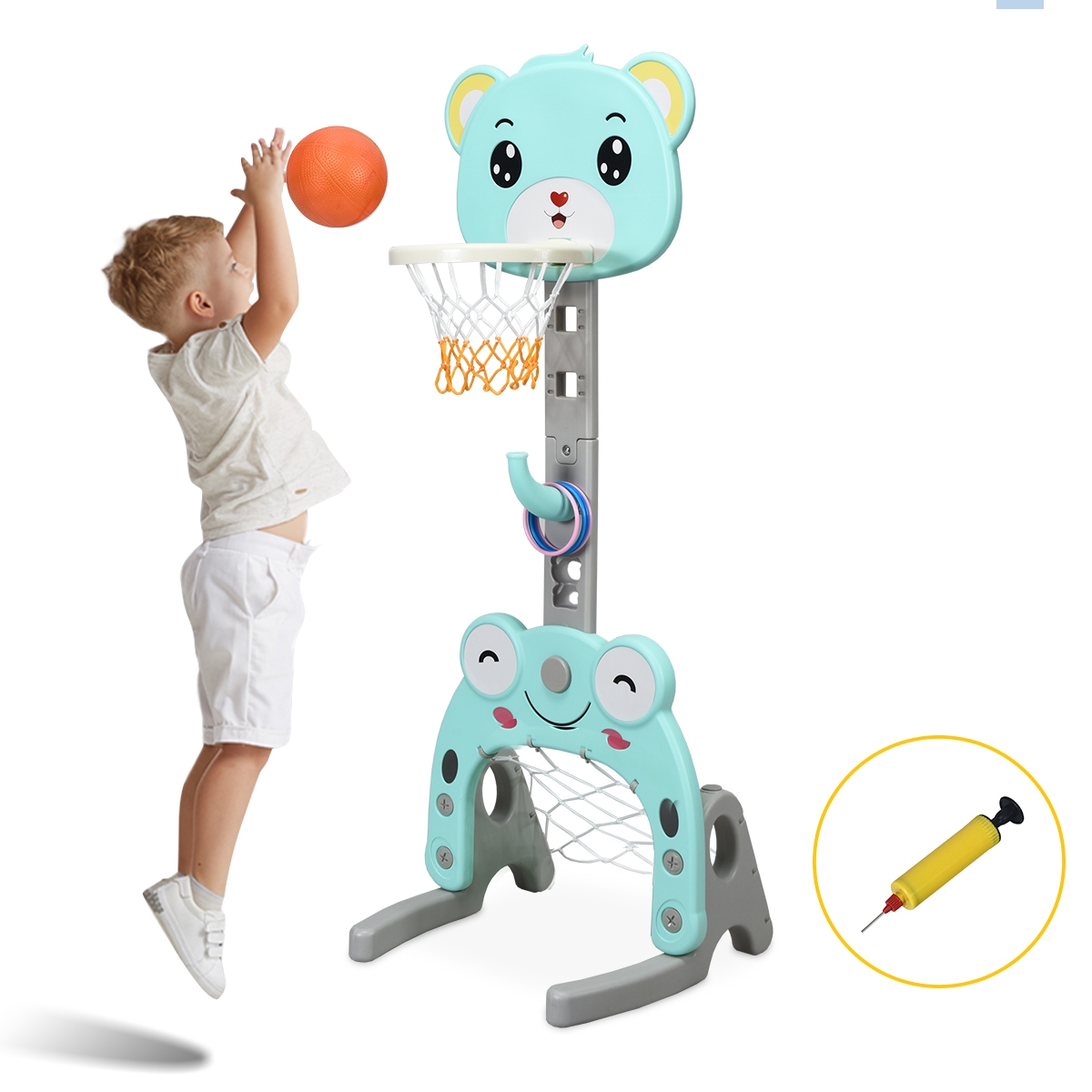 3 vienā basketbola grozu komplekts ar regulējamu augstumu, basketbola statīvu, futbola vārtiem un gredzenu mešanas spēli