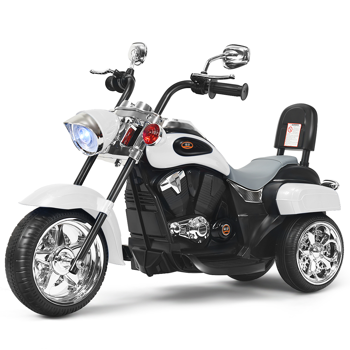 Chopper-stiilis akuga laste elektri-mootorratas (91 x 48 x 64 cm), valge ja must