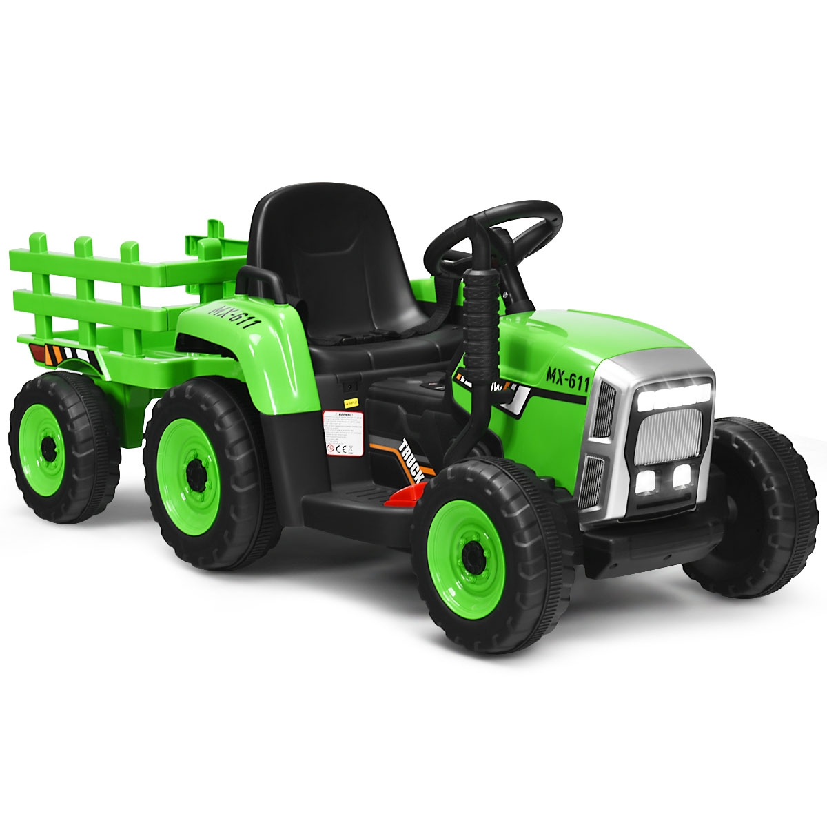 3 ātrumu bērnu traktors 12V braucamais traktors ar noņemamu piekabi, zaļš