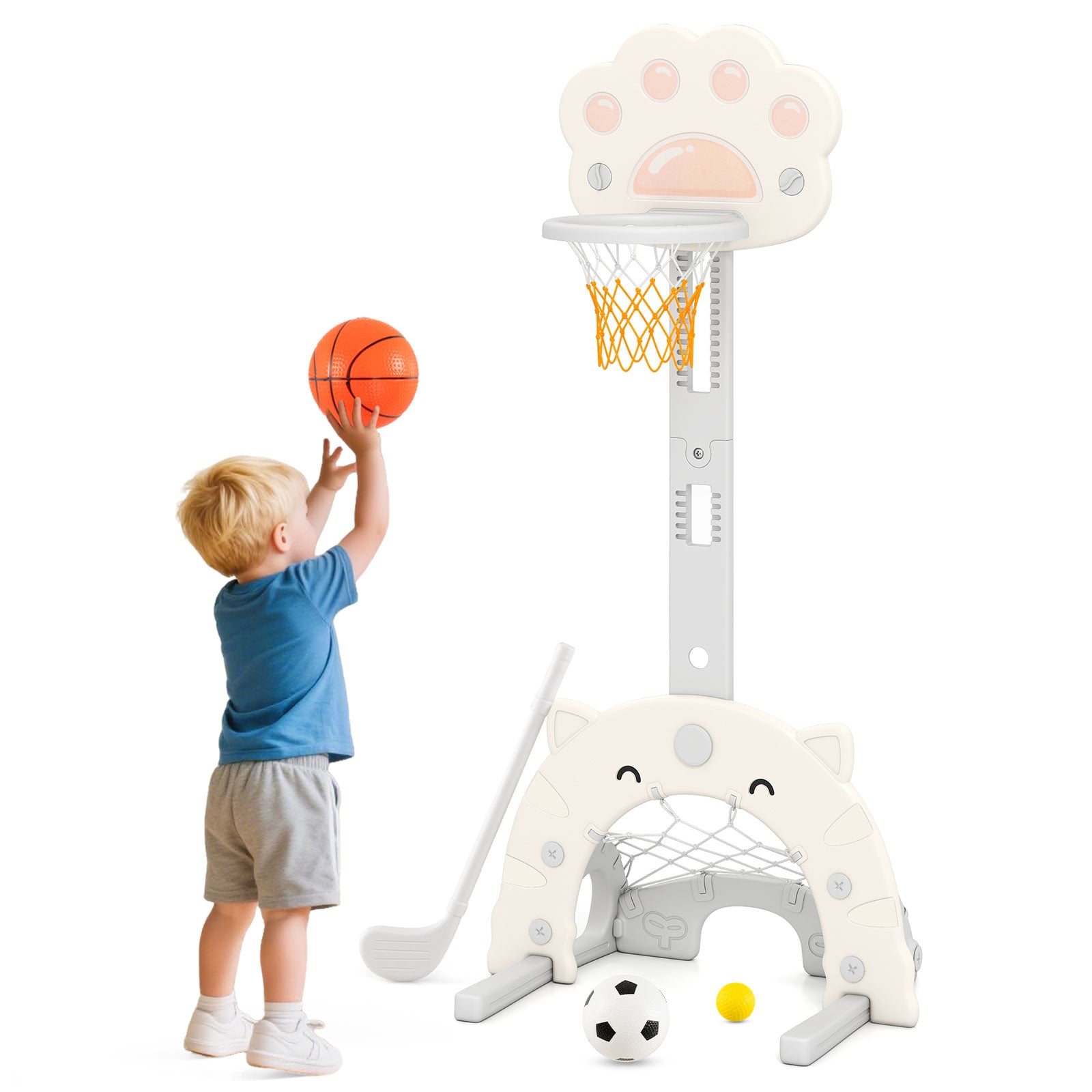 3 vienā bērnu basketbola grozs ar basketbola bumbu un salokāmu apmali — pelēks