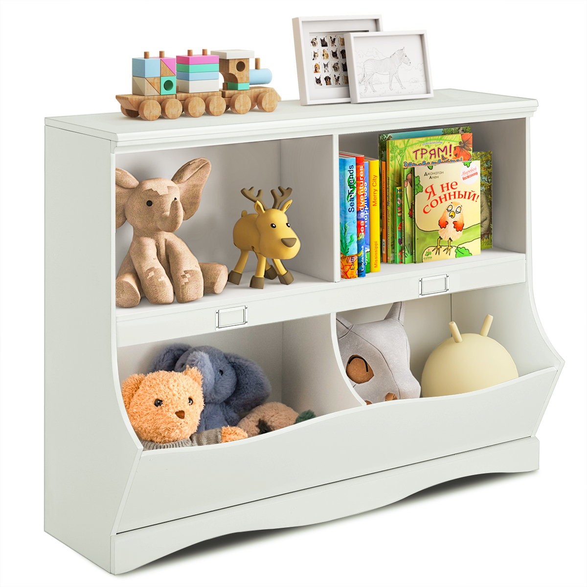 Plastist kastidega laste mänguasjade hoiuriiul ja mahukas lasteaia organisaator (105,5 x 39,5 x 84 cm), valge
