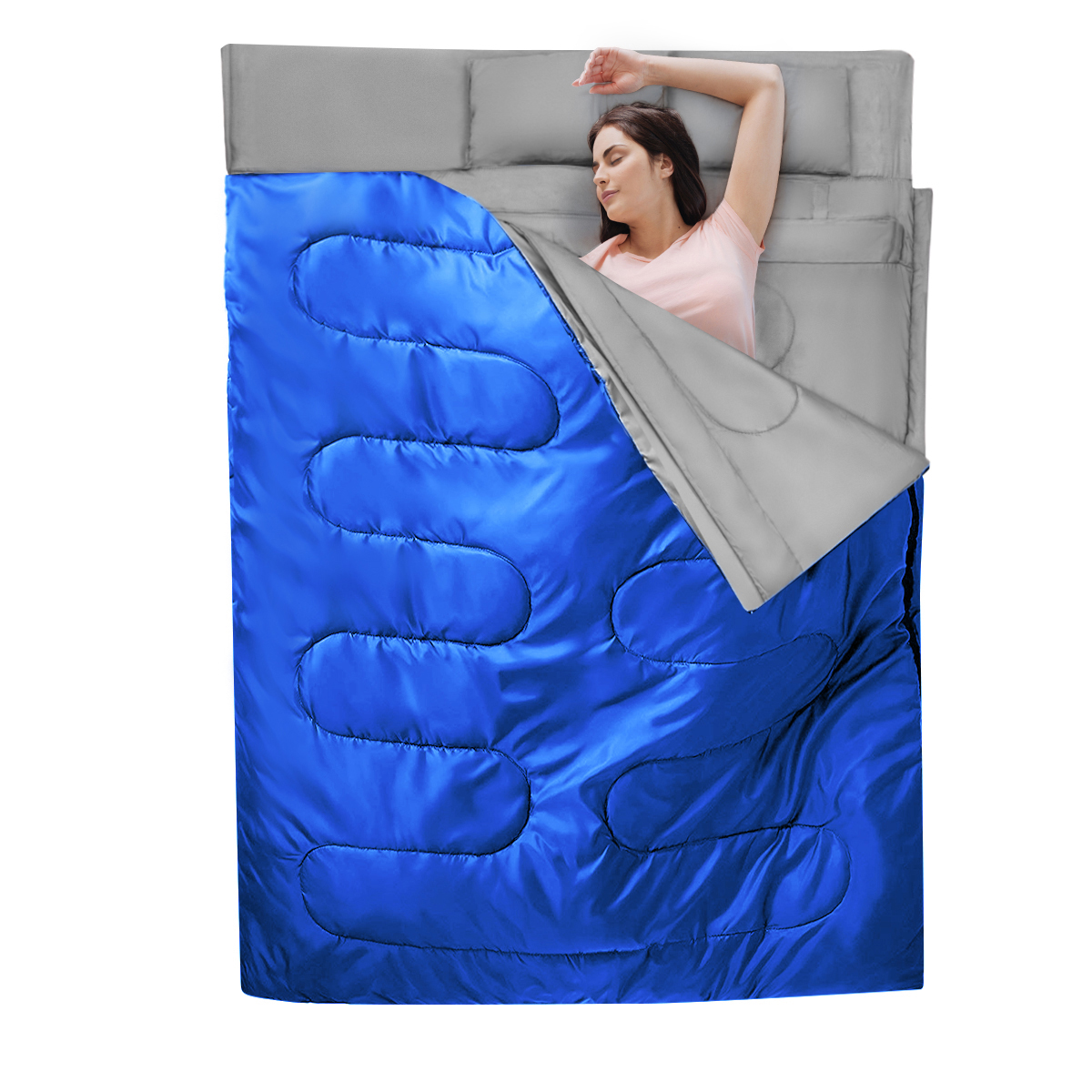 Dubults XL segas formas guļammaiss ar 2 spilveniem (220 x 150 cm), zils