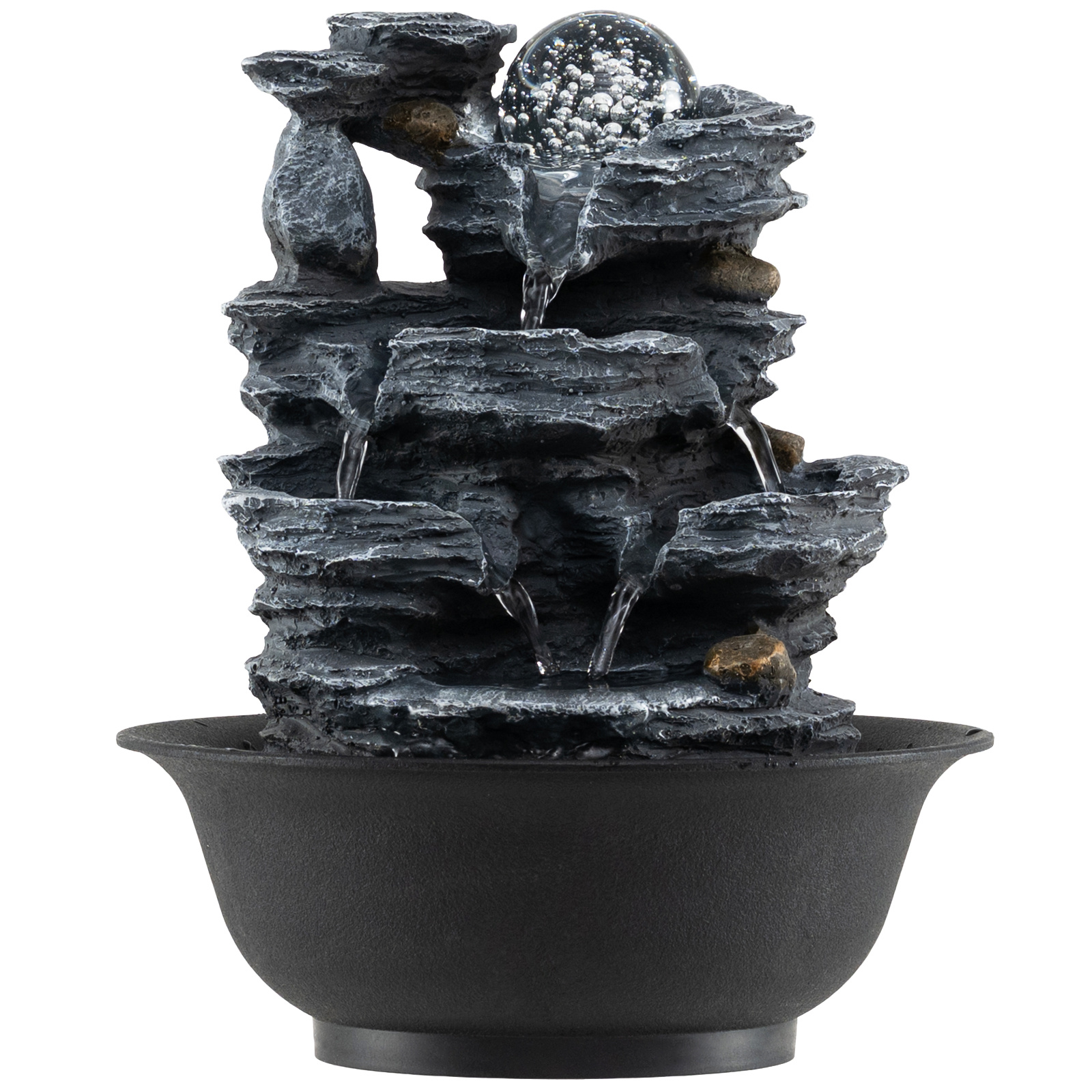 Relaksējoša Zen Cascade iekštelpu strūklaka ar krāsainu LED gaismu, klusu sūkni, kristāla lodi, 21,5 x 26 cm, melna