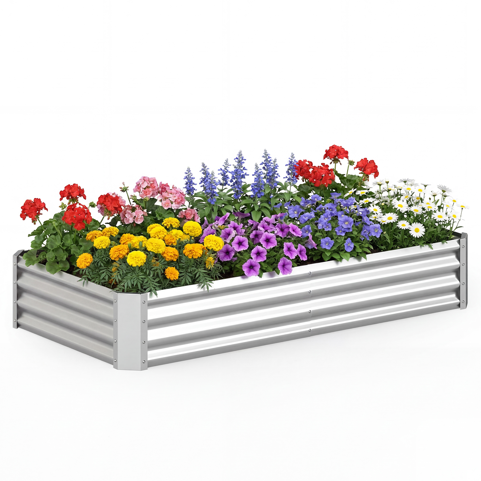 Avatud põhjaga ristkülikukujuline tsingitud metallist kõrgpeenar ja taimekast (mõõdud u 180 x 90 x 30 cm), hõbedane