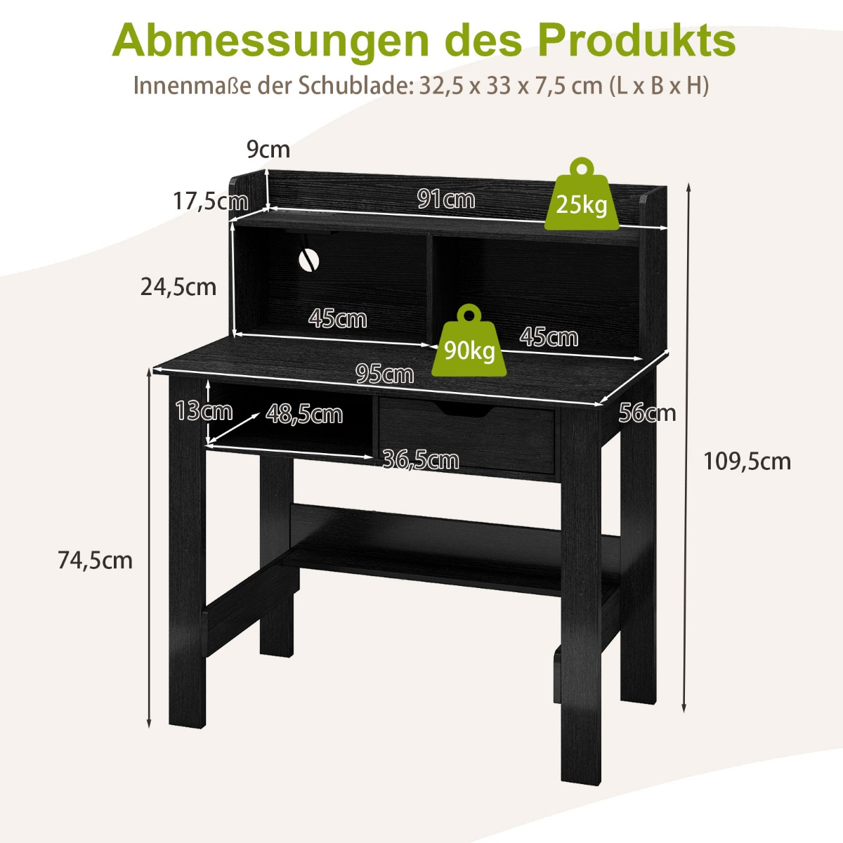 Rakstāmgalds ar rozetēm, mazs datorgalds ar stiprinājumu, 95 x 56 x 109,5 cm, melns