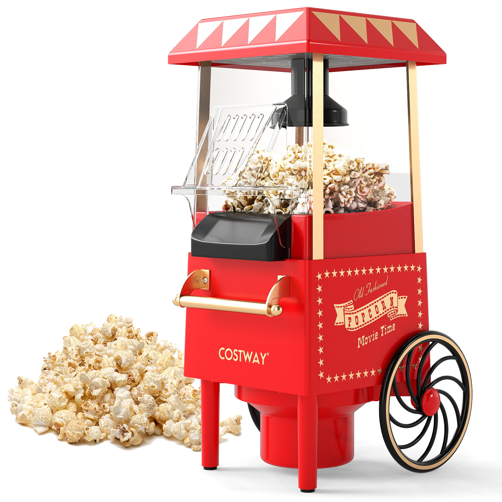 Retro-stiilis kuuma õhu popcornimasin, ilma õlita töötav tervislik naksivalmistaja koos 67 ml mõõtetopsiga (1200 W), punane