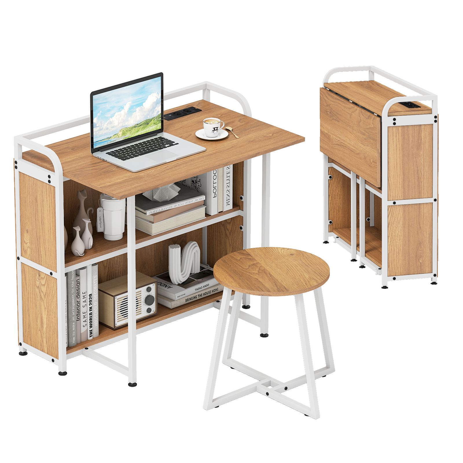 Salokāms rakstāmgalds ar tabureti, pārnēsājams rakstāmgalda un taburešu komplekts ar uzglabāšanas plauktiem, maiņstrāvas rozetēm, USB un C tipa portu, dabīgā krāsā