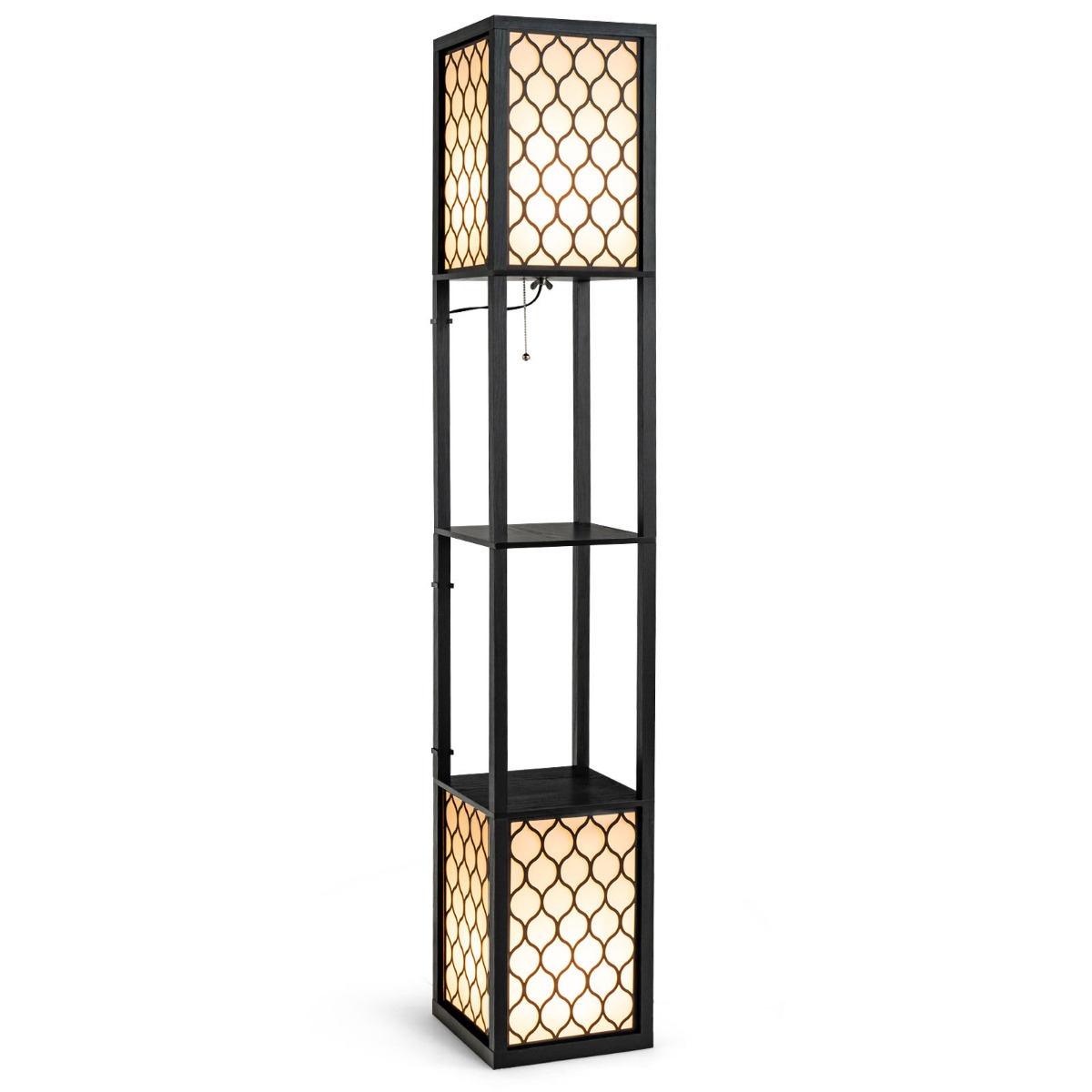 Grīdas lampa Regal, brīvi stāvoša, dvīņu lampa ar koka plauktu un baltu abažūru, 26 x 26 x 156 cm
