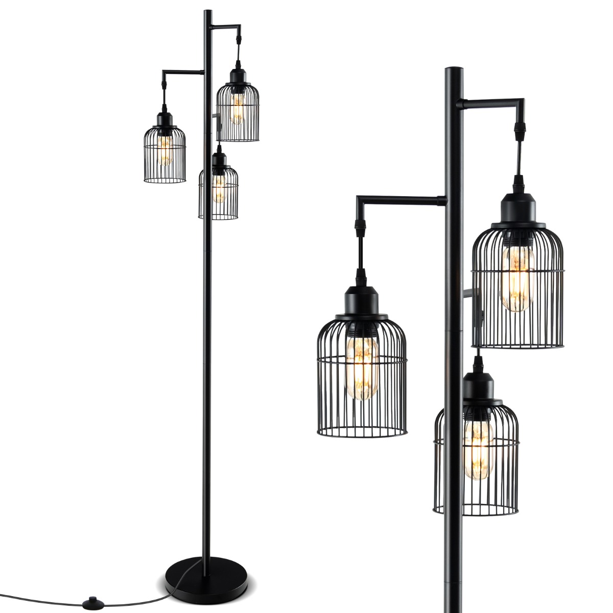 Moderna stāvlampa 169 cm industriāla stāvlampa ar 3 abažūriem, kājas slēdzi, 25 x 169 cm, melna