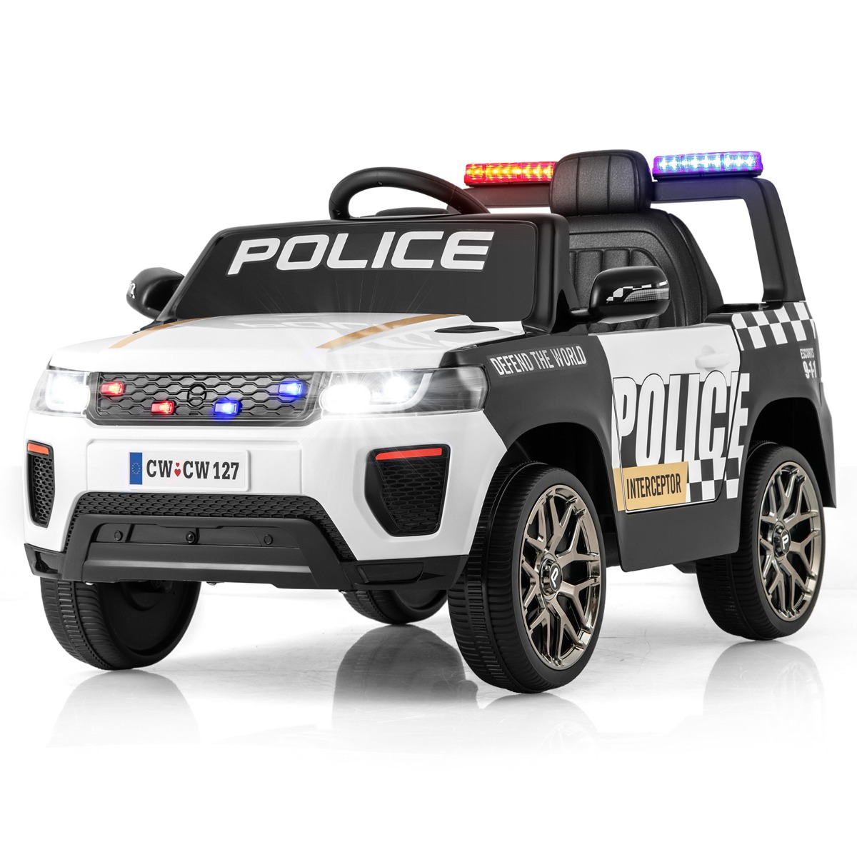 12 V bērnu elektroauto, policijas elektriskā bērnu automašīna ar tālvadības pulti, elektriskā automašīna bērniem no 3 gadu vecuma, balta