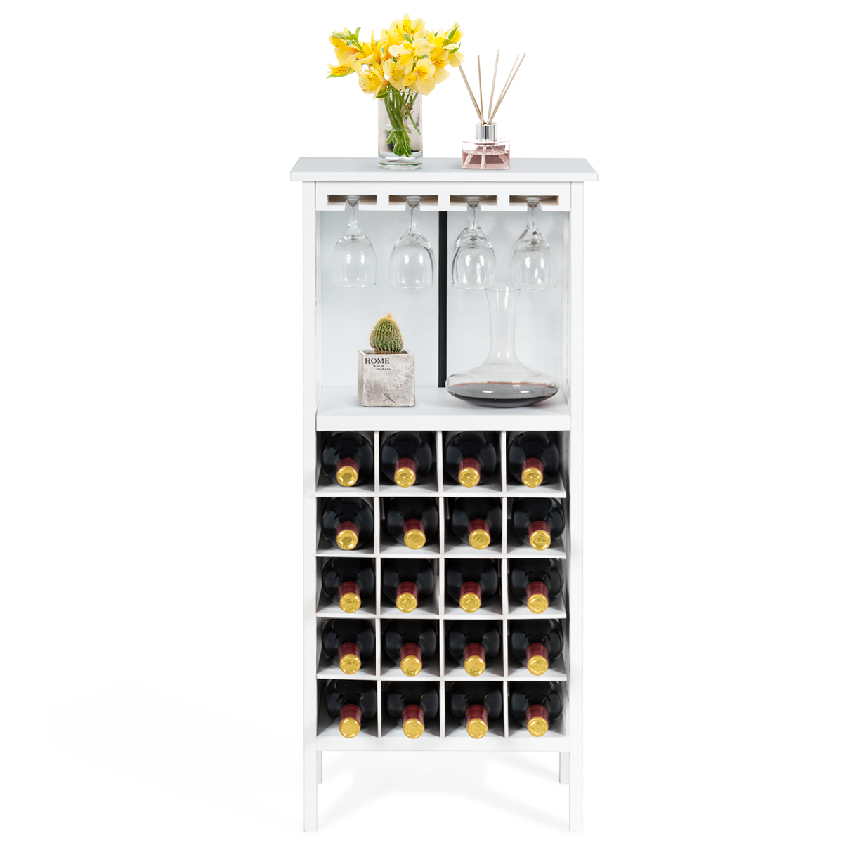 Koka vīna plaukts 20 pudelēm ar stikla pakaramo 42 x 24,5 x 96 cm balts