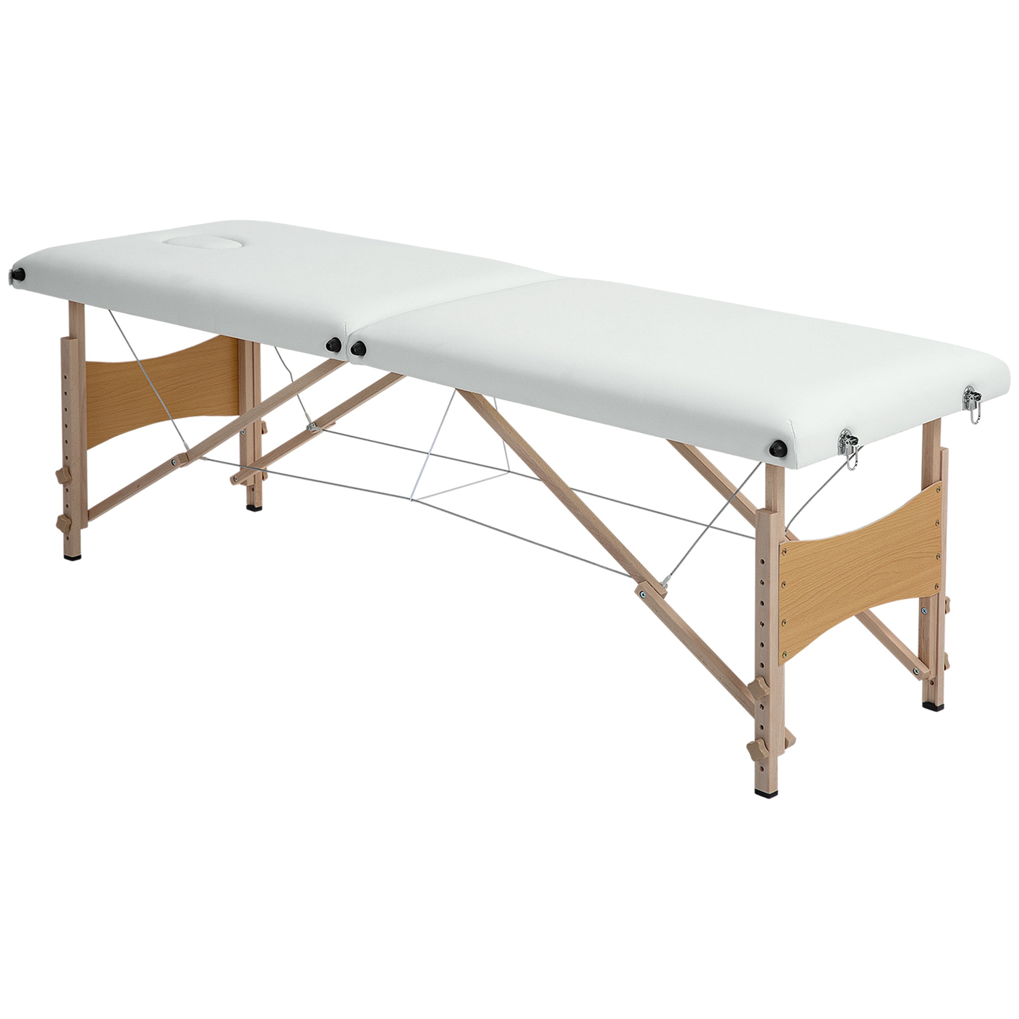 Mobilais masāžas galds, 2 zonas, saliekams, regulējams augstumā, 60 cm plats, ar pārnēsāšanas somu, koka kājām, krēmbalts