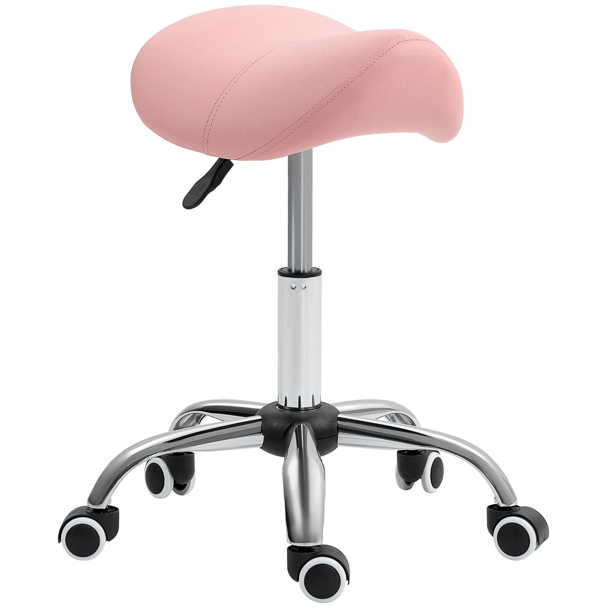 Riteņkrēsls, regulējams augstums 49-61 cm, darba krēsls, 360° grozāms krēsls, biroja krēsls birojam, salonam, masāžai, spa, rozā
