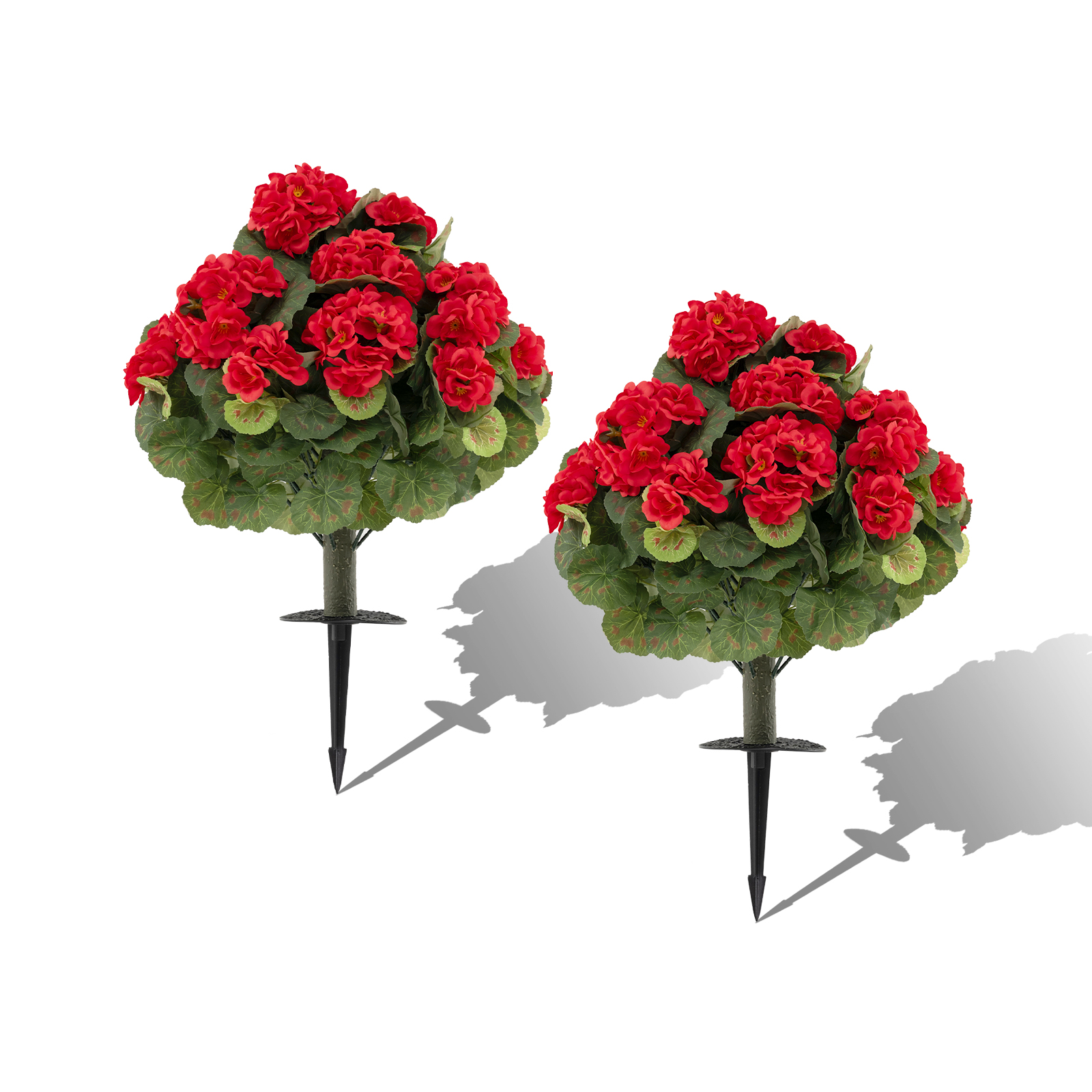 2 mākslīgo pelargoniju komplekts ar PE kātiem, zīda lapām un zemes mietiņiem; reālistisks izskats; piemērots lietošanai iekštelpās un ārā; sarkans