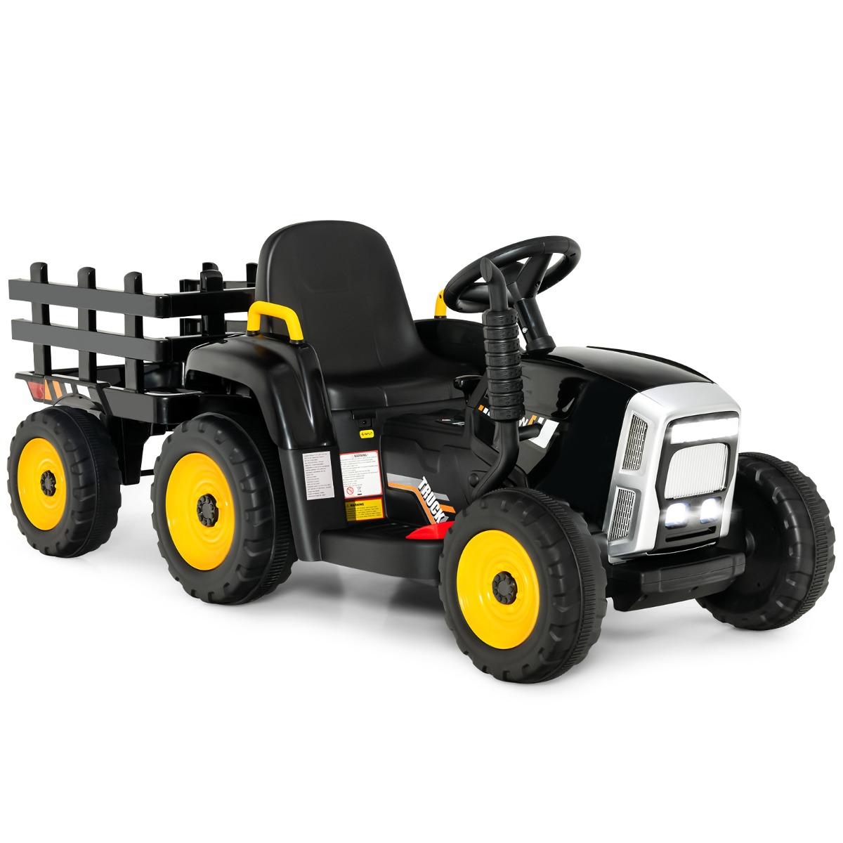 12 V bērnu traktors ar noņemamu piekabi un tālvadības elektrisko rotaļu automašīnu, melna