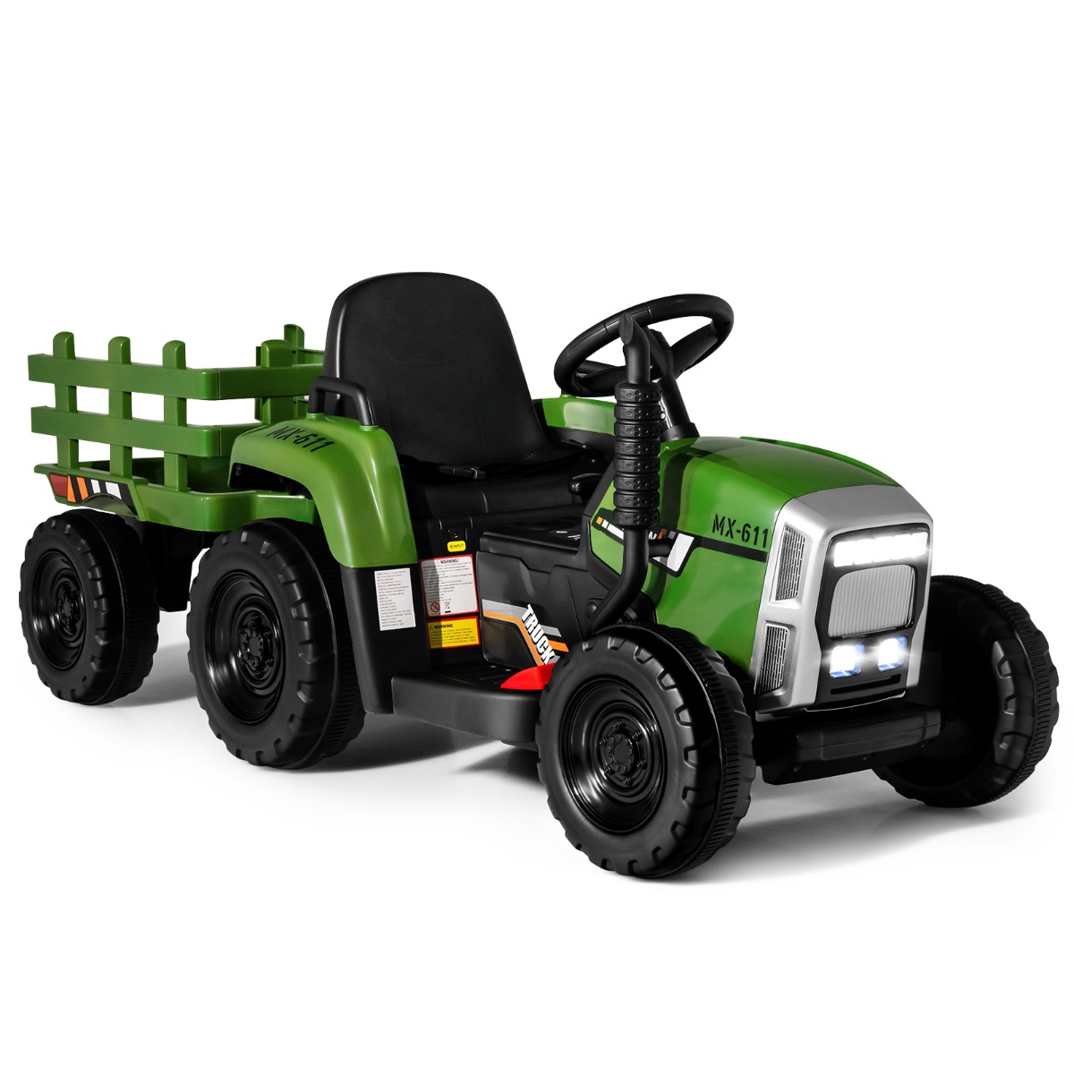 12 V bērnu traktors ar noņemamu piekabi un tālvadības elektrisko rotaļu automašīnu, zaļš