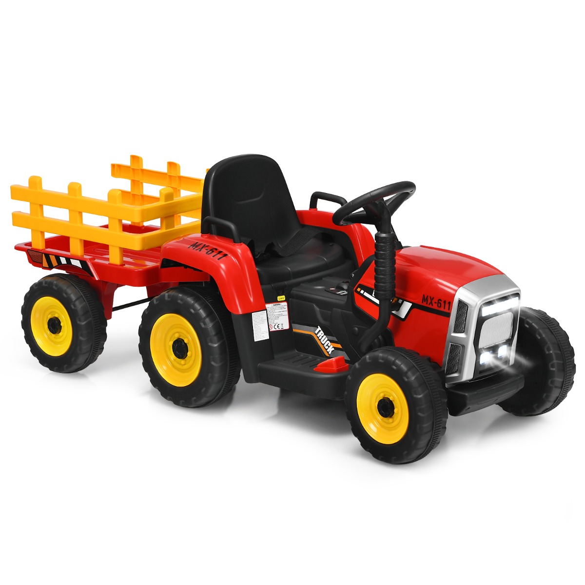 3 ātrumu bērnu traktors 12V braucamais traktors ar noņemamu piekabi, sarkans