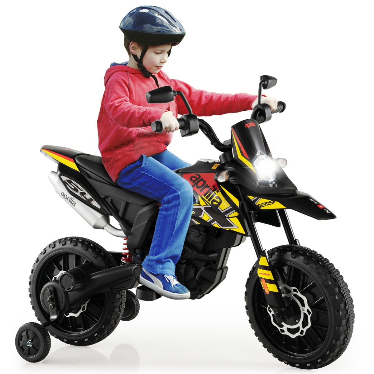 Litsentseeritud Aprilia 12 V laste elektri-mootorratas stabiilsete abiratastega, must