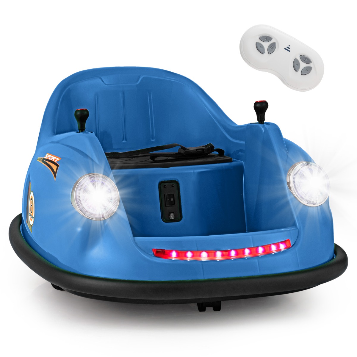 12 V elektriskā bufera automašīna bērniem, darbināma ar akumulatoru, tālvadības pults, LED gaismas, mūzika, 2–5 gadus veciem bērniem, zila