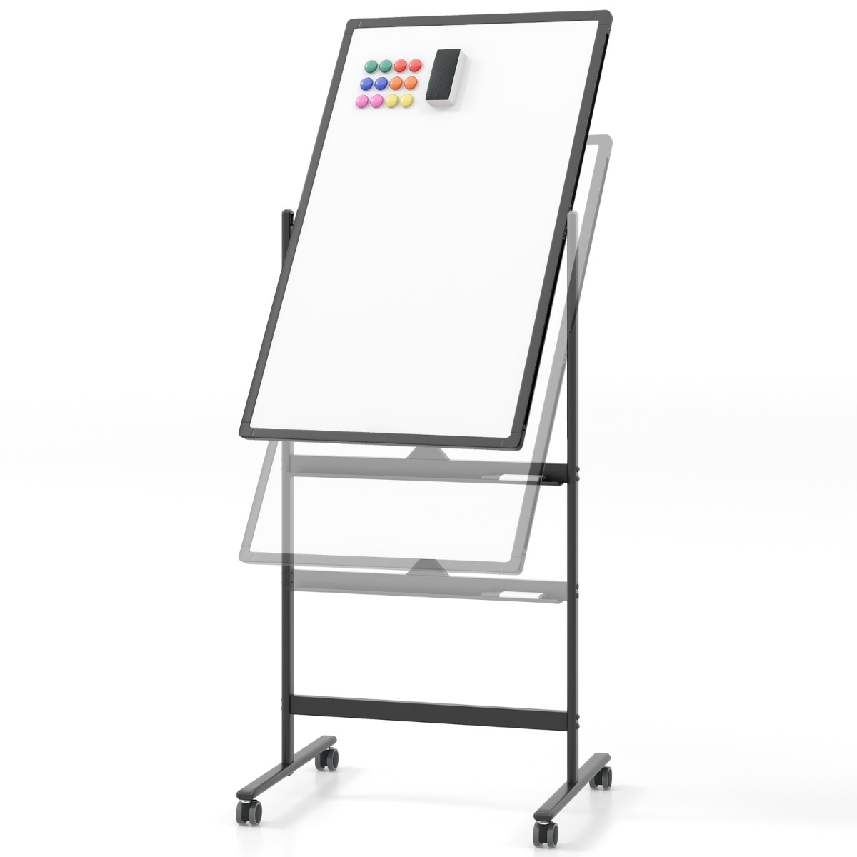 Divpusēja mobilā tāfele ar pildspalvu paliktni un piederumiem skolas birojam, 60 x 90 cm, melna